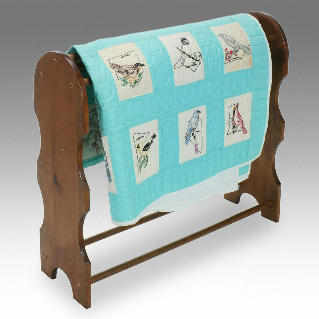 Embroidered State Bird Quilt with Wood Quilt Stand