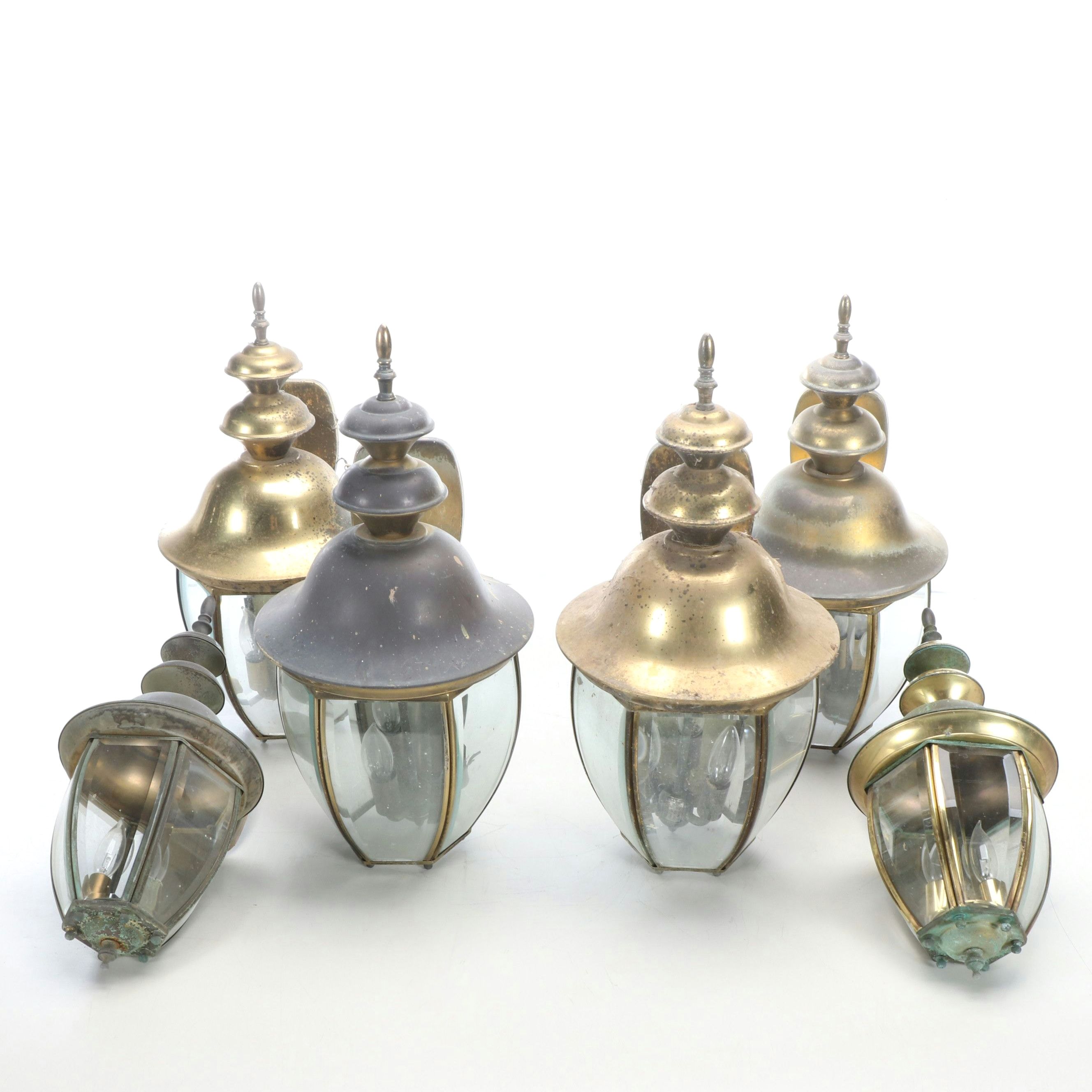 Beveled Glass and Brass Outdoor Lantern Wall Lights