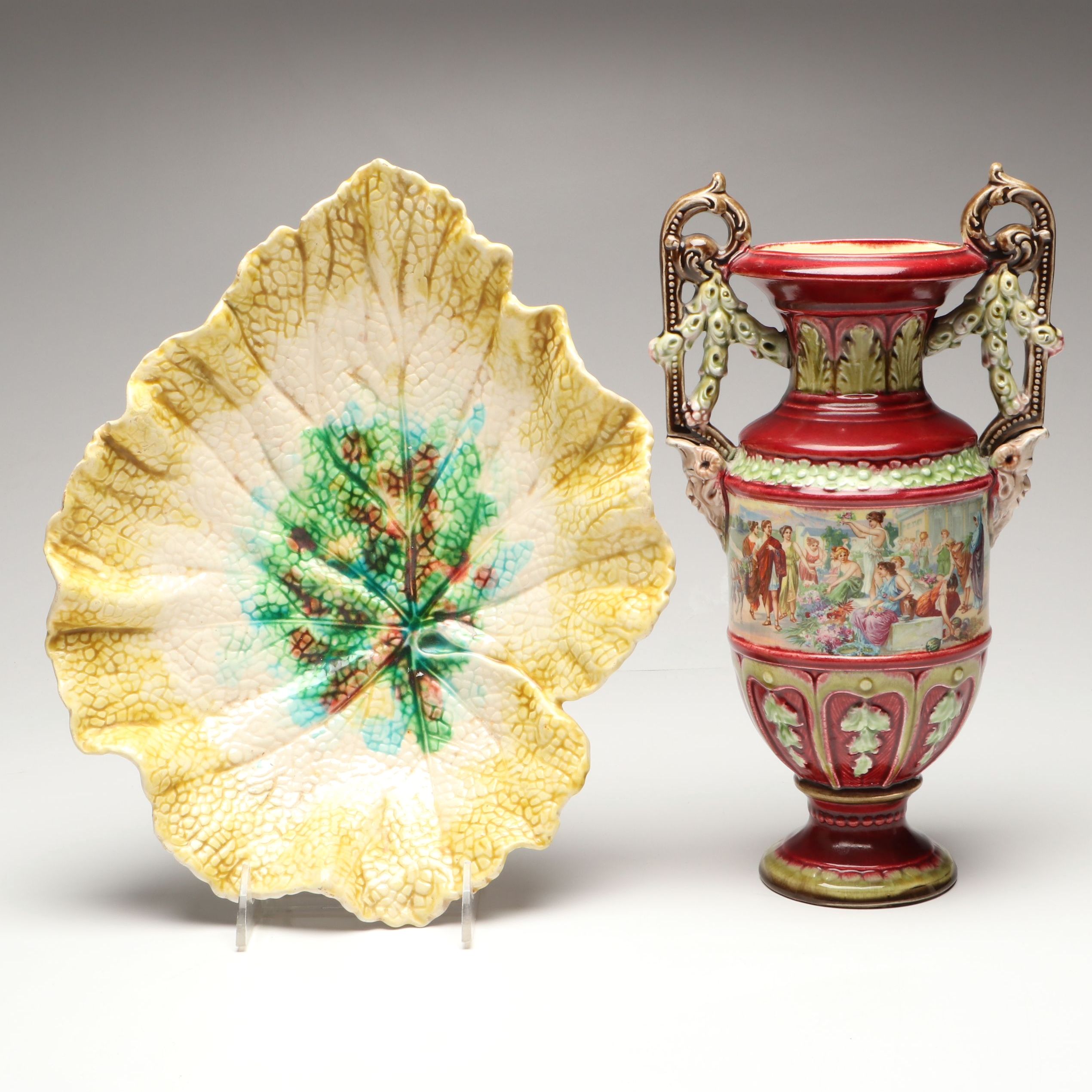 Italian Majolica Leaf Dish with Royal Vienna Style Satyar Handled Vase