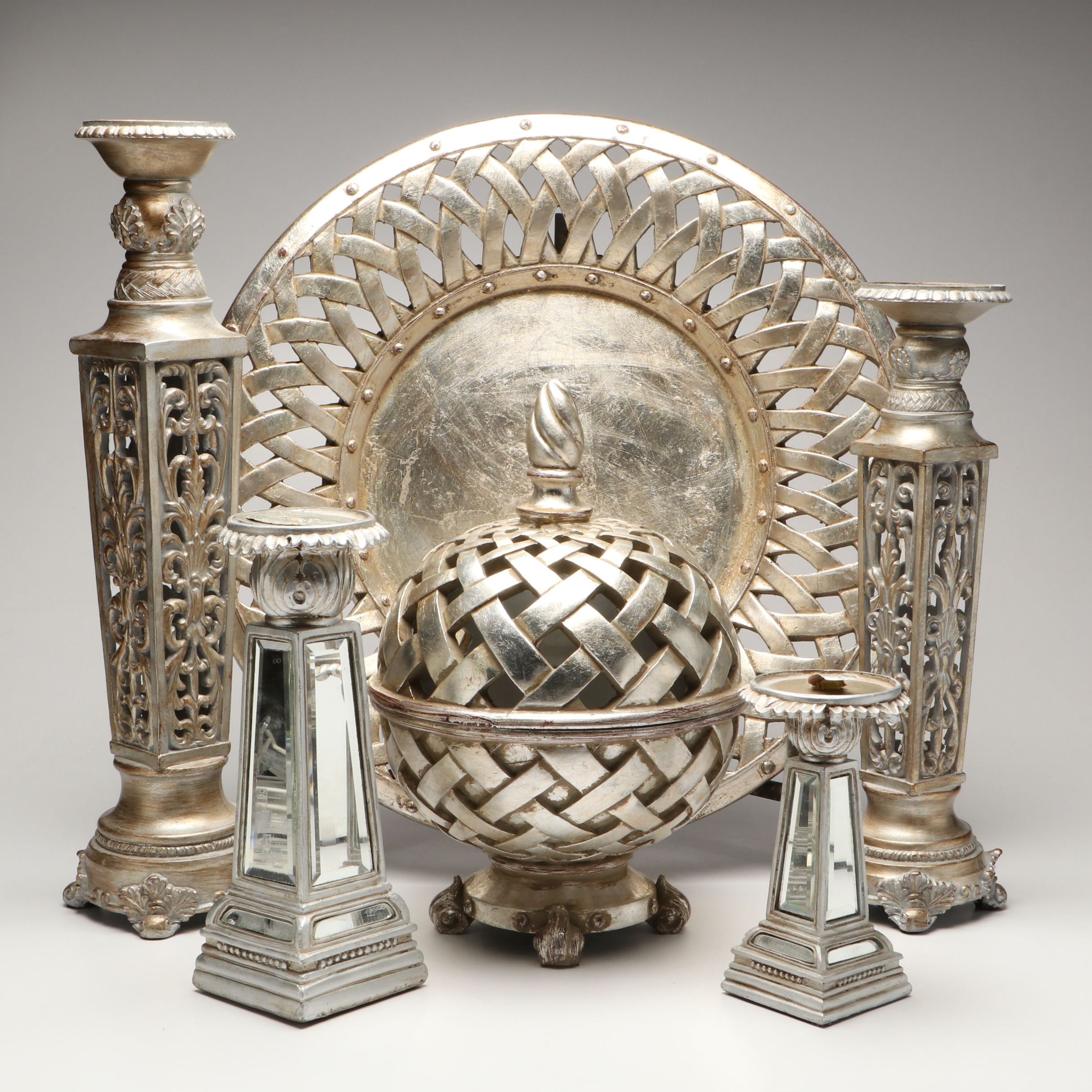 Contemporary Metallic Finish Resin Candle Holders with Lidded Orb and Platter