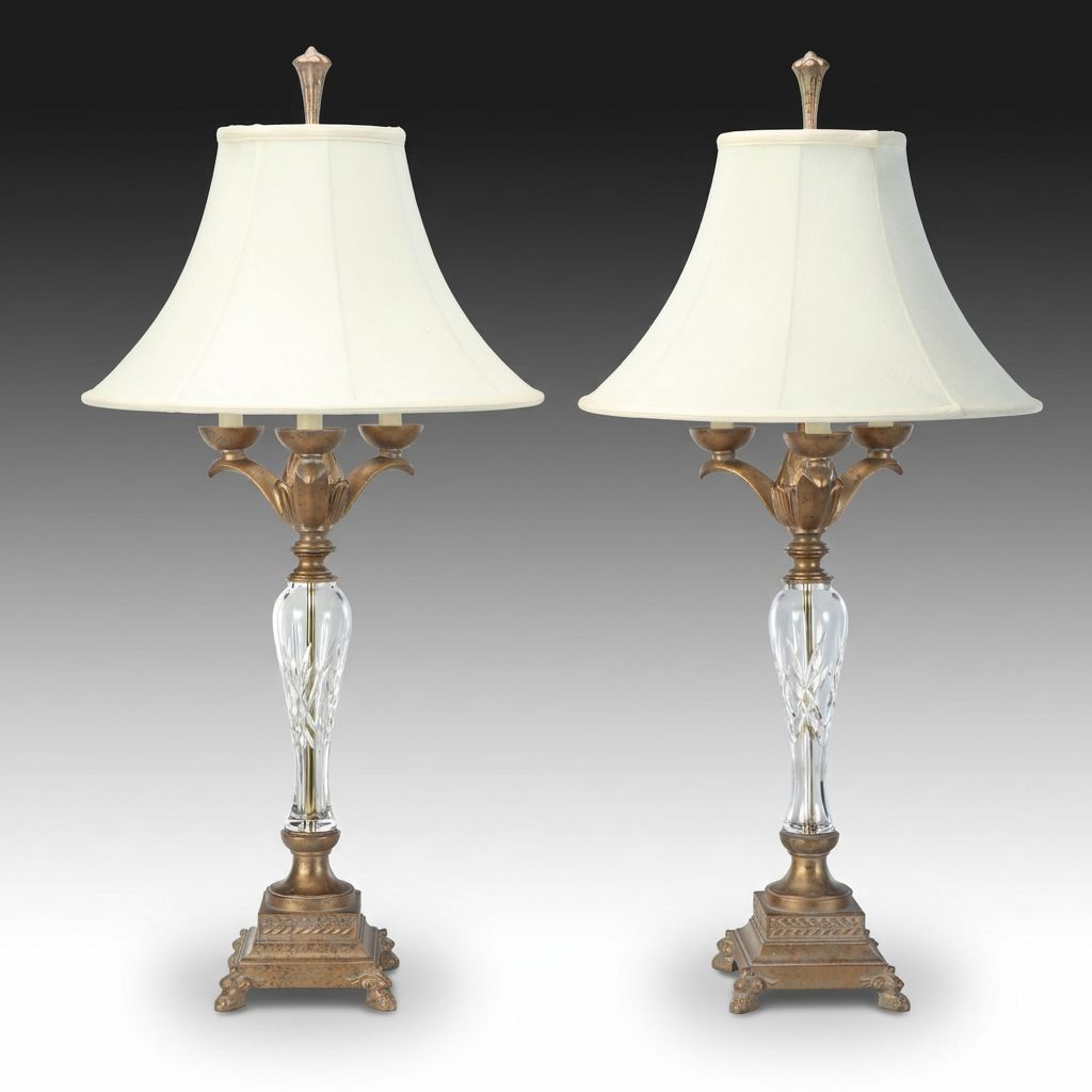 Neoclassical Style Gold Finish Metal and Crystal Table Lamps with Cotton Shades