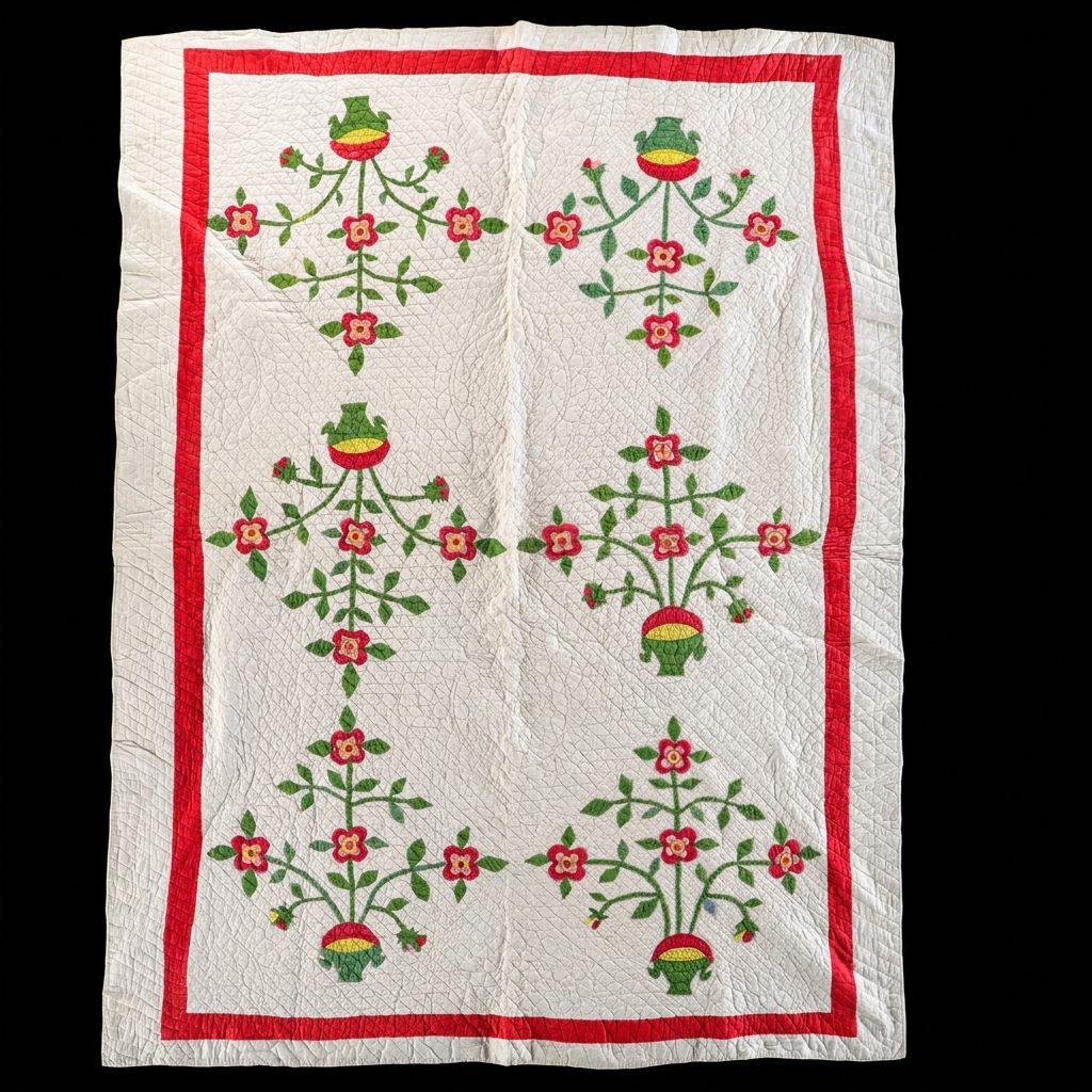 Folk Art Style Floral Appliqué Quilt, Late 20th Century