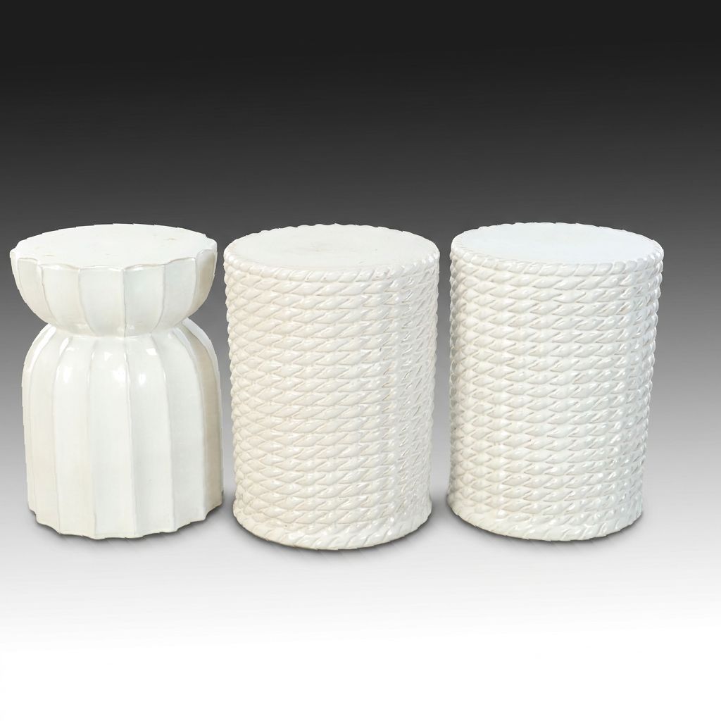 White Ceramic Woven and Ridged Garden Stools