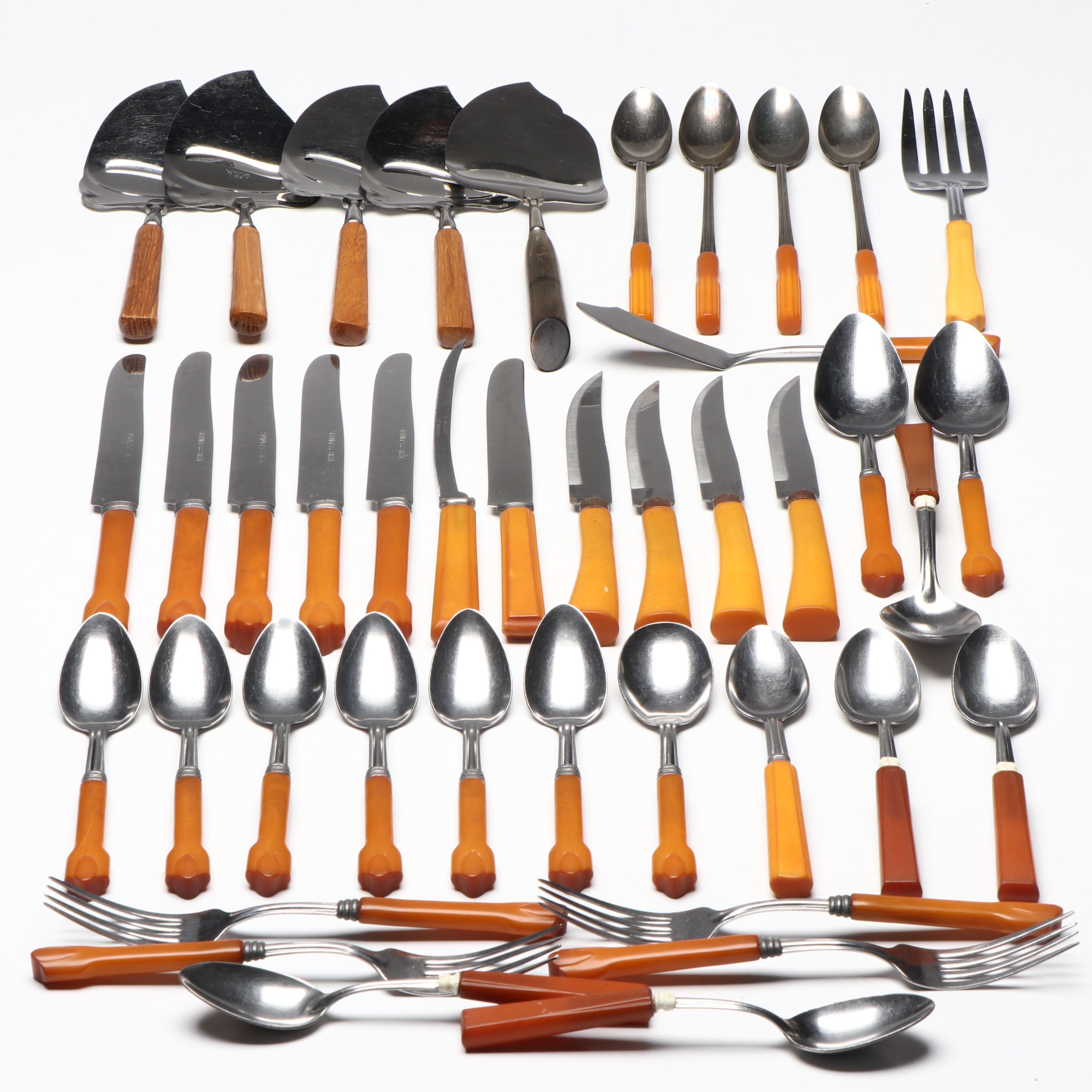 Bakelite and Stainless Knives, Forks, Spoons with Cheese Slicers and More