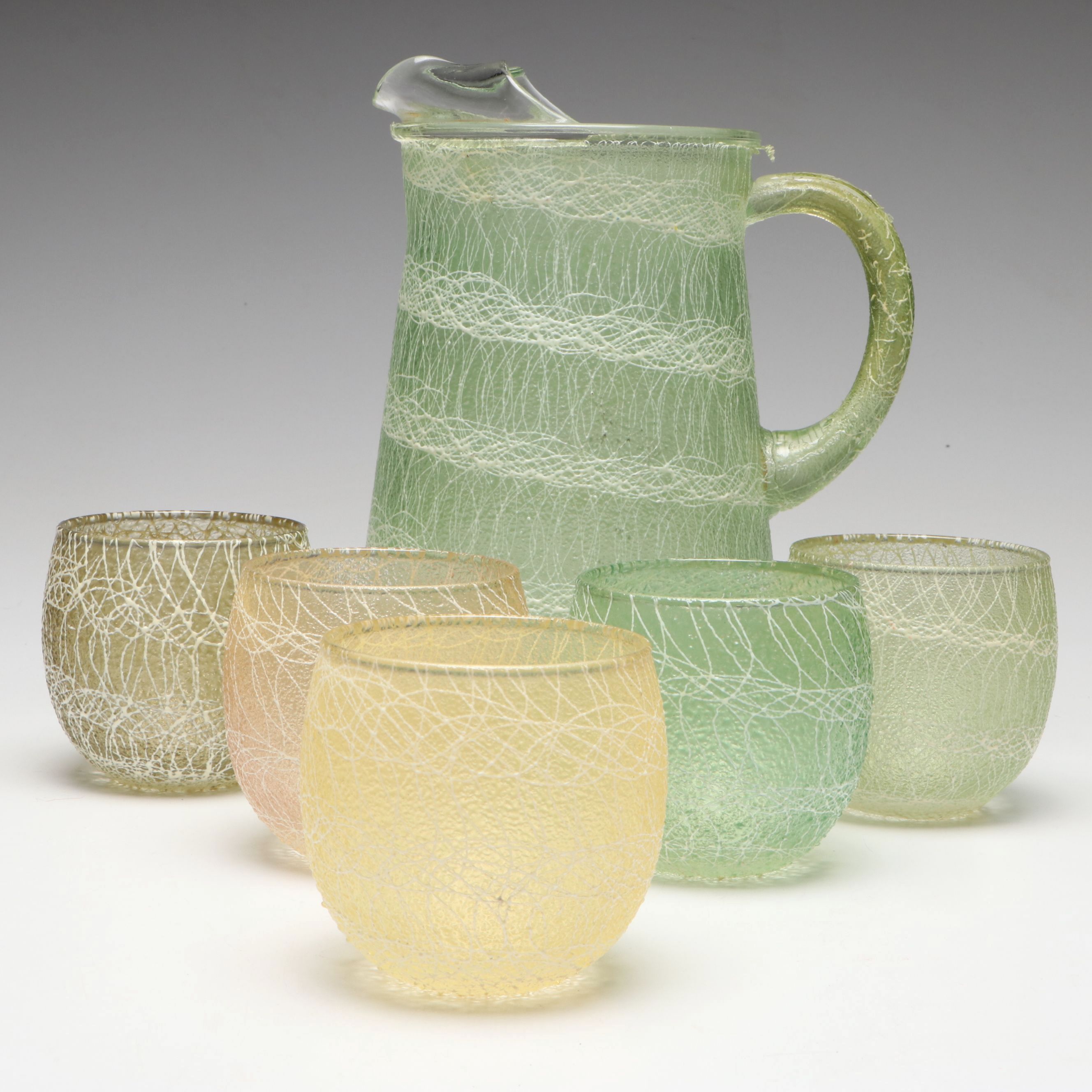 Color Craft "Shat-R-Pruf" Coated Glass Pitcher and Roly Poly Cups