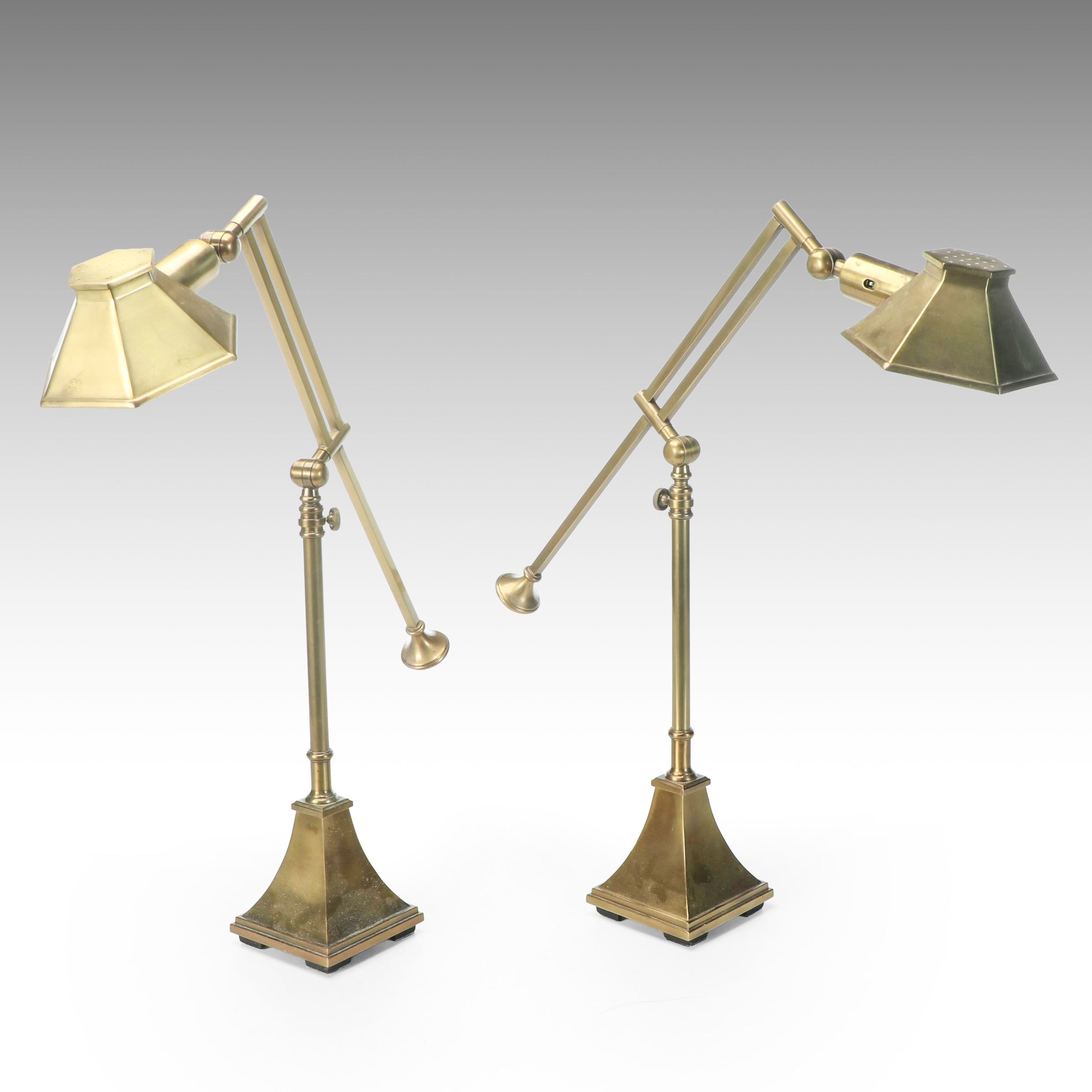 Pair of Brass Cantilever Pharmacy Task Lamps with Hexagon Shades