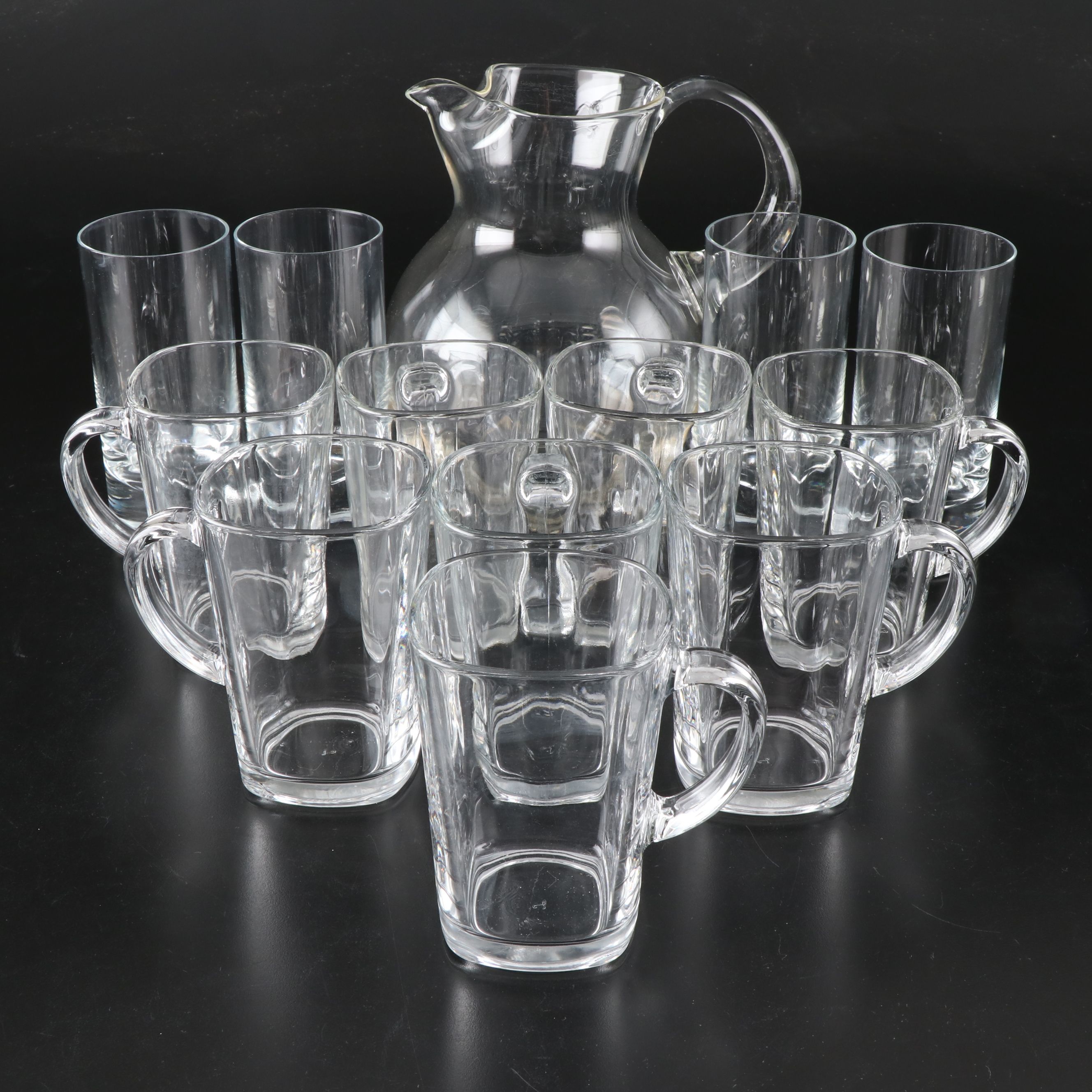 Blown Glass Pitcher with Libbey Mugs and Other Highball Glasses