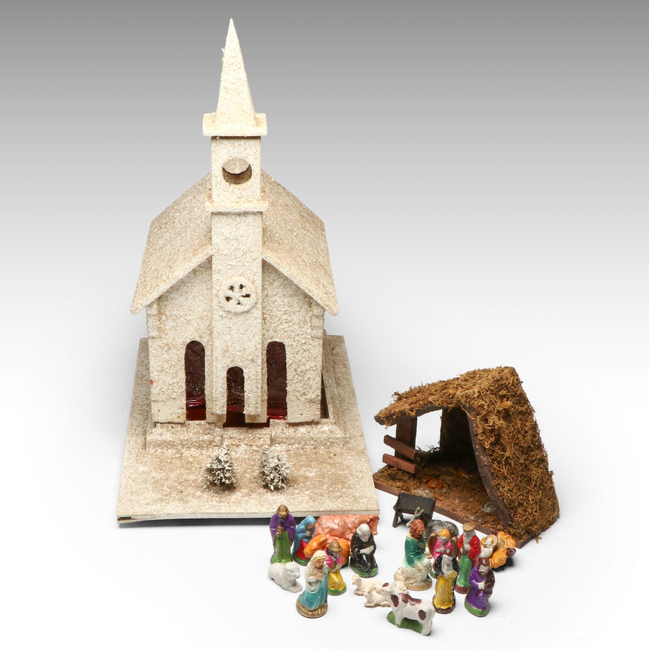 Handcrafted 1940s Air Force Crate Church with Nativity Figurines and Other Décor