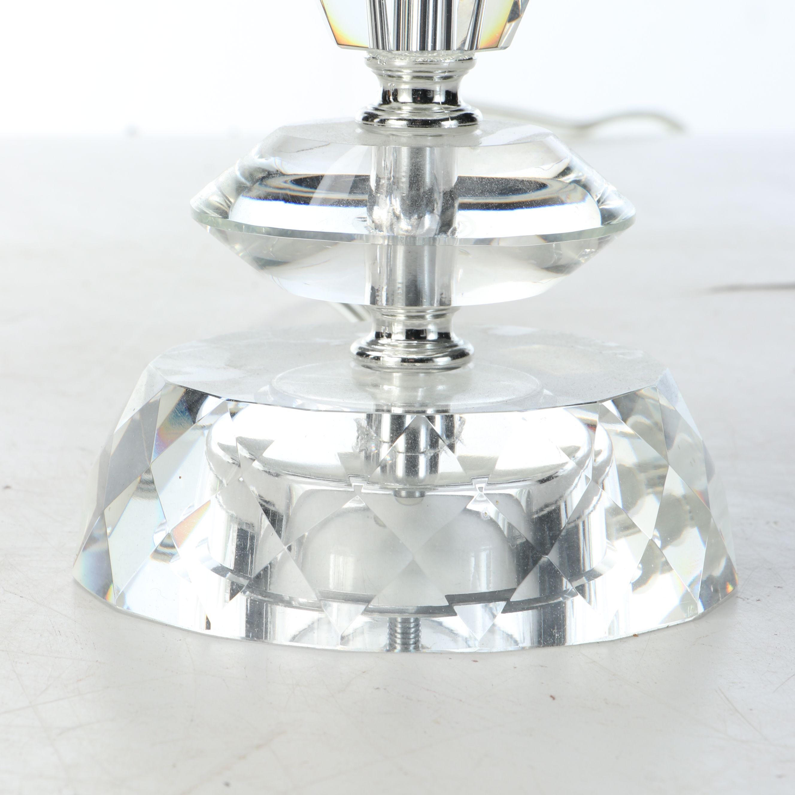 Acrylic Column Table Lamp Pair with Silk Drum Shades