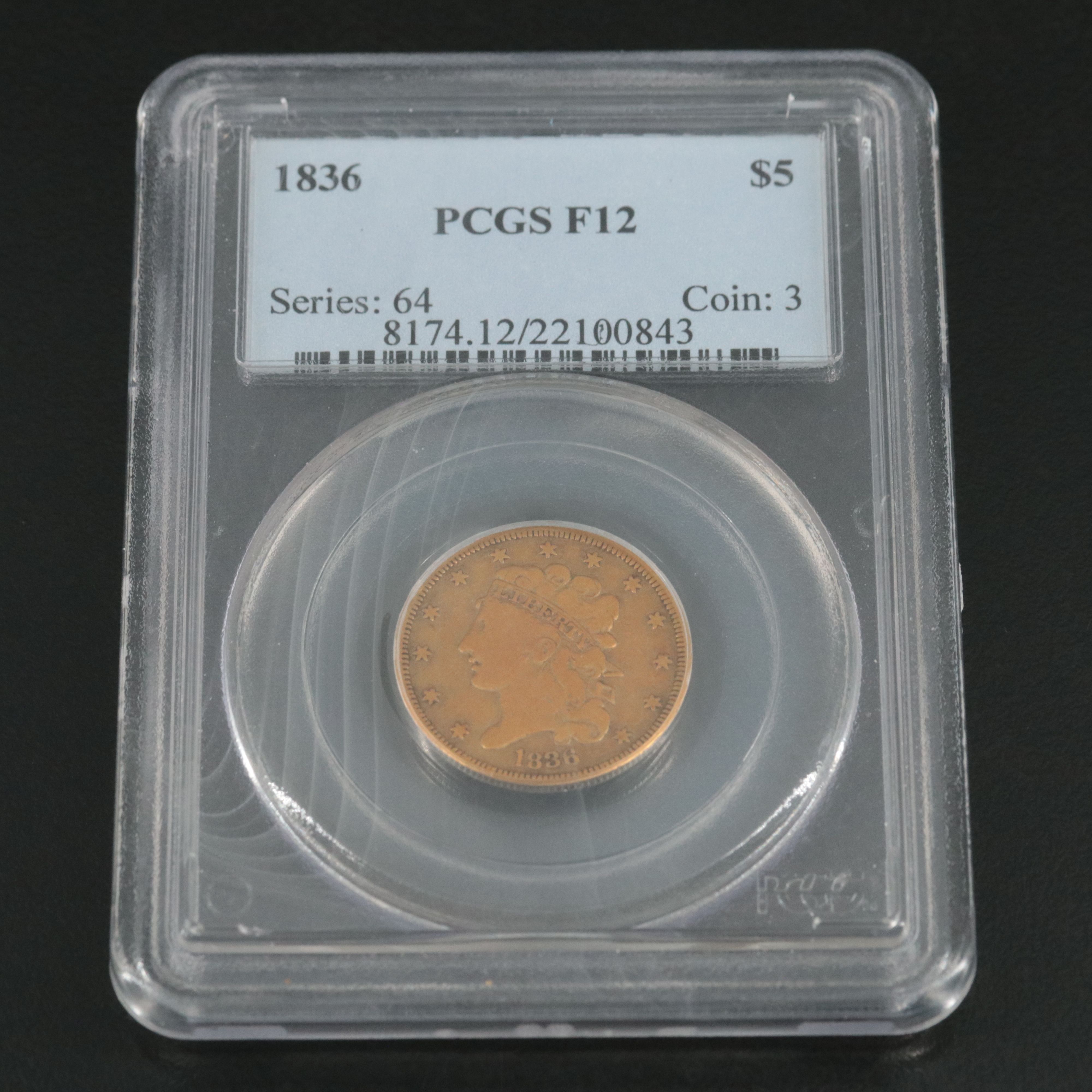 PCGS F12 1836 U.S. Classic Head Five Dollar Gold Coin