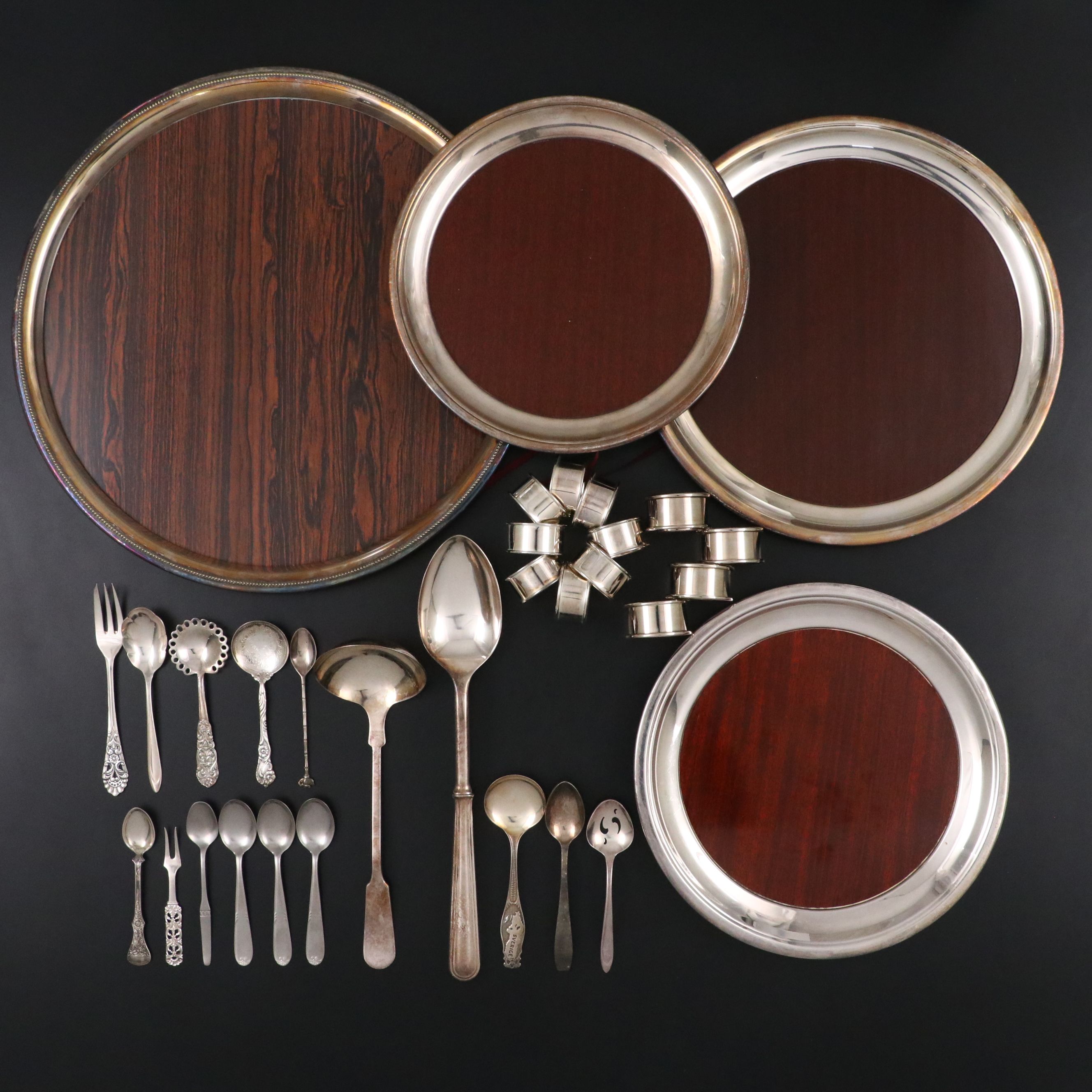 Silver Plate and Formica Trays with Swedish, 800 Silver and More Utensils