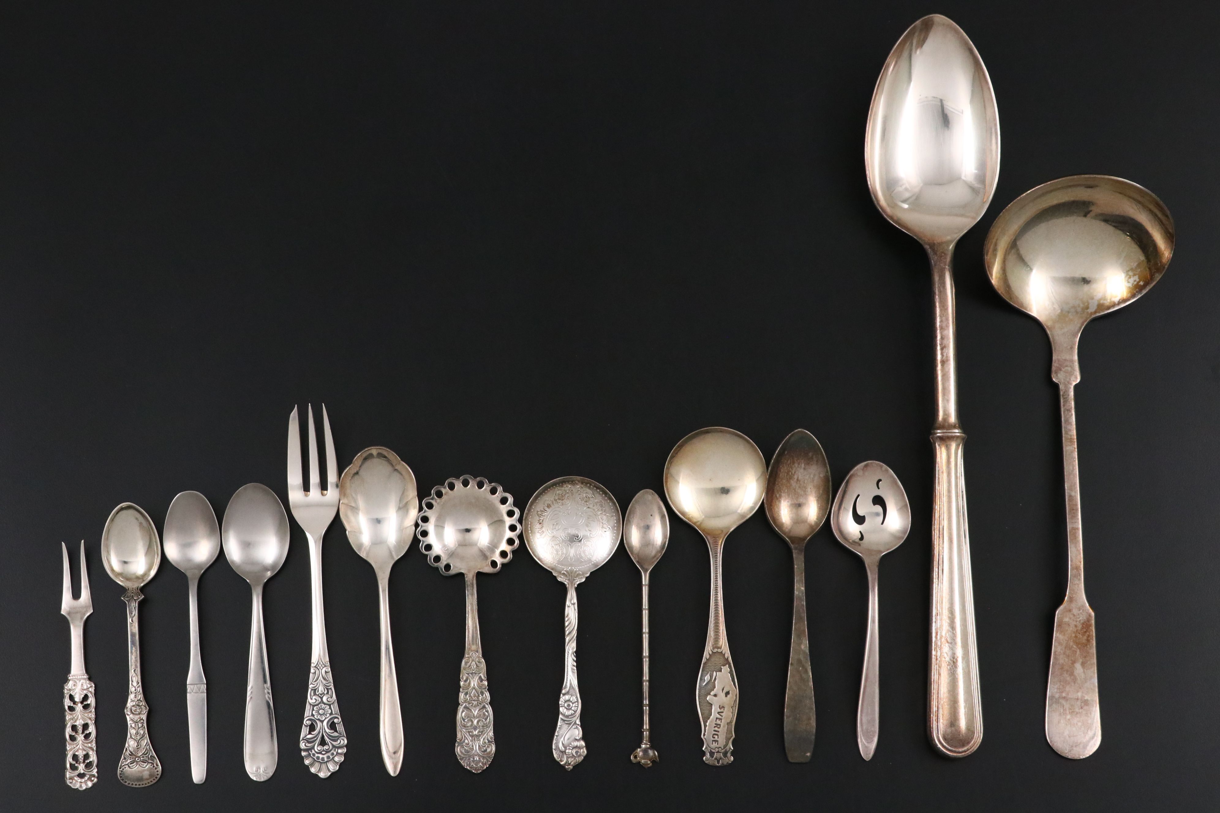 Silver Plate and Formica Trays with Swedish, 800 Silver and More Utensils