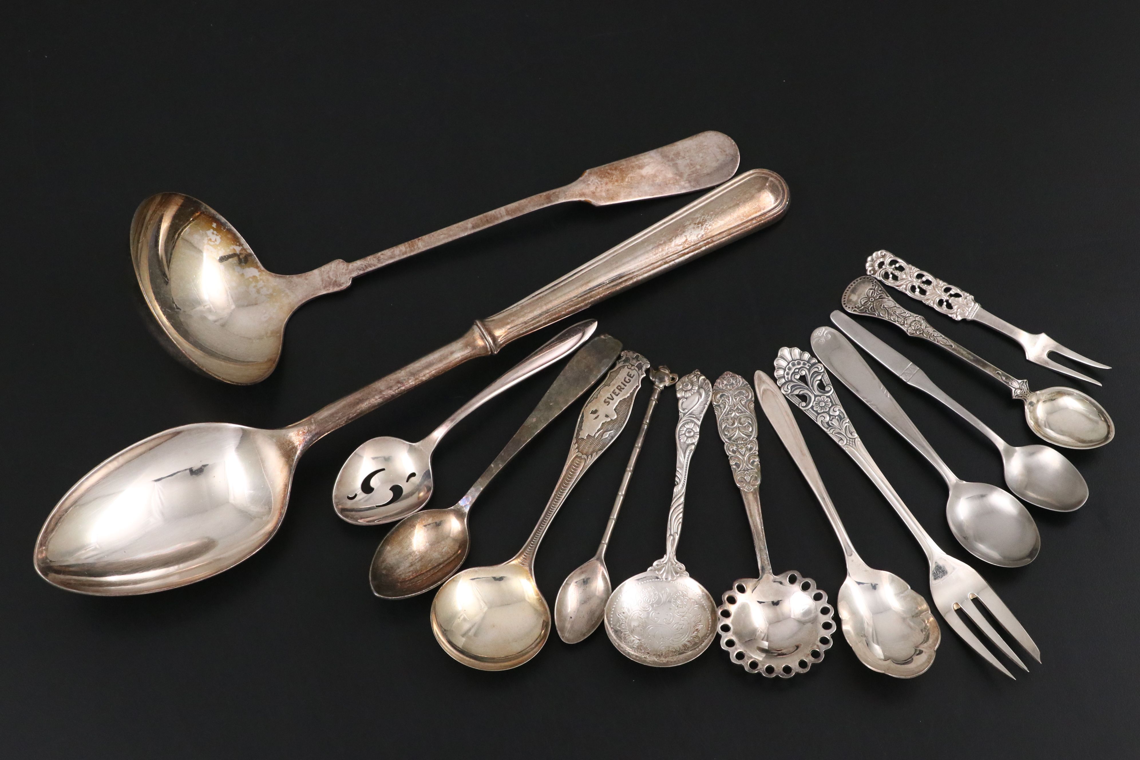 Silver Plate and Formica Trays with Swedish, 800 Silver and More Utensils