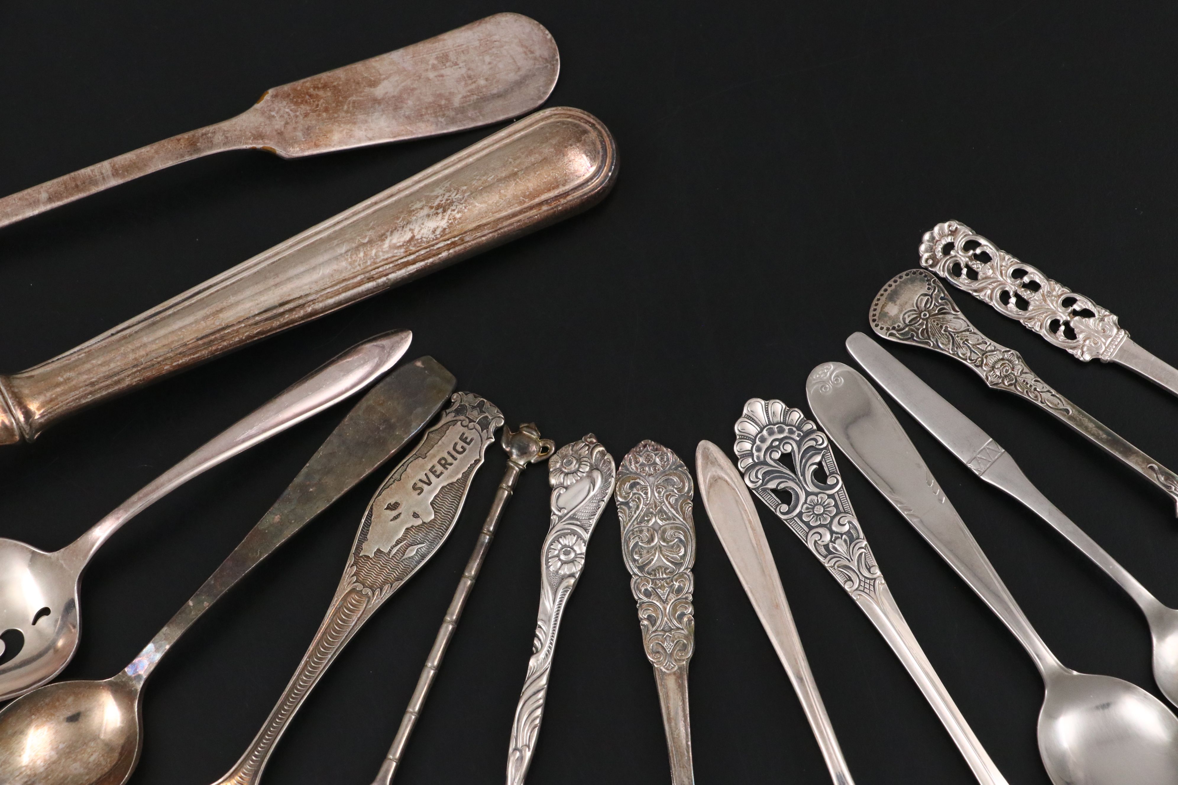 Silver Plate and Formica Trays with Swedish, 800 Silver and More Utensils