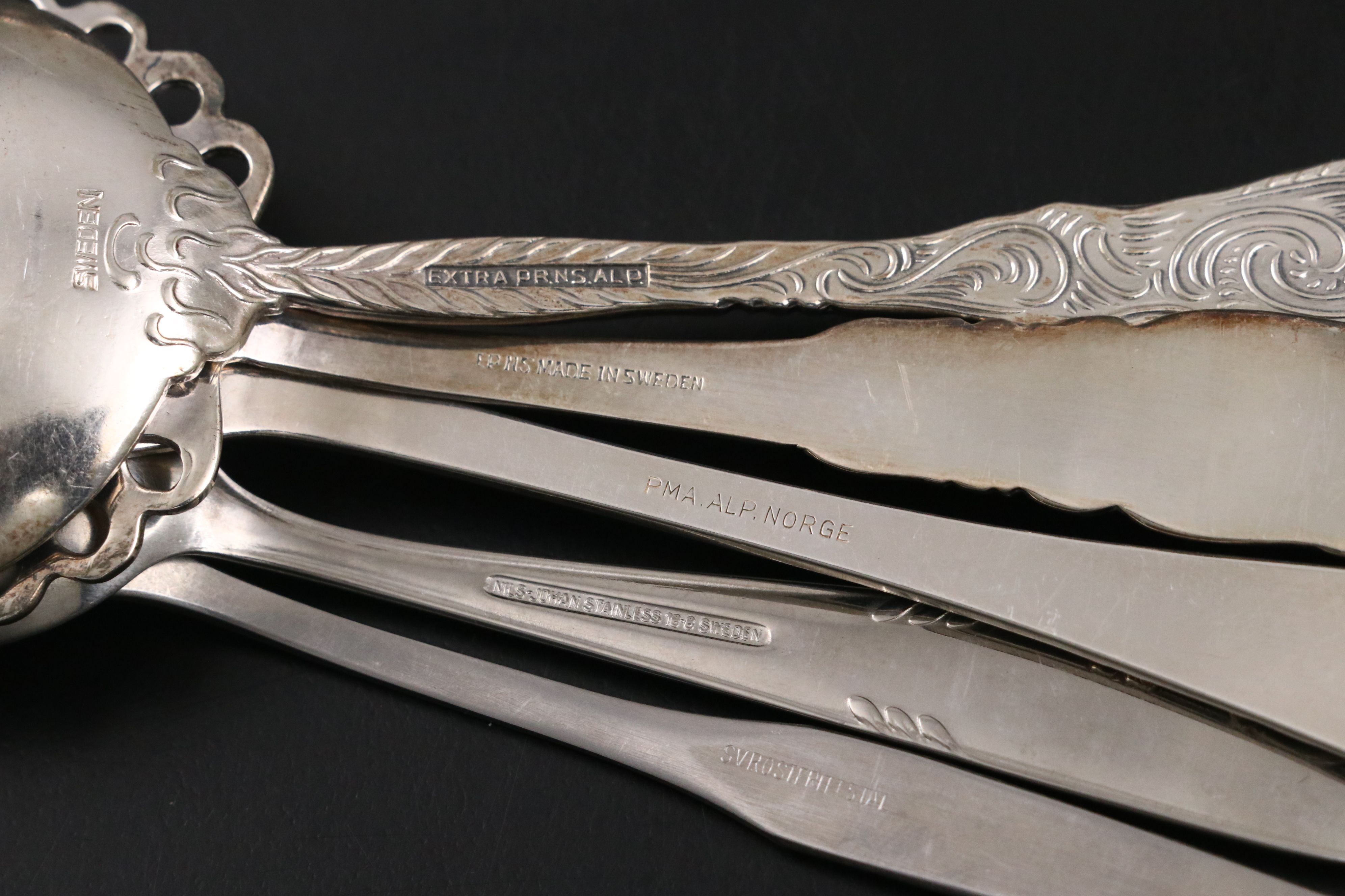 Silver Plate and Formica Trays with Swedish, 800 Silver and More Utensils