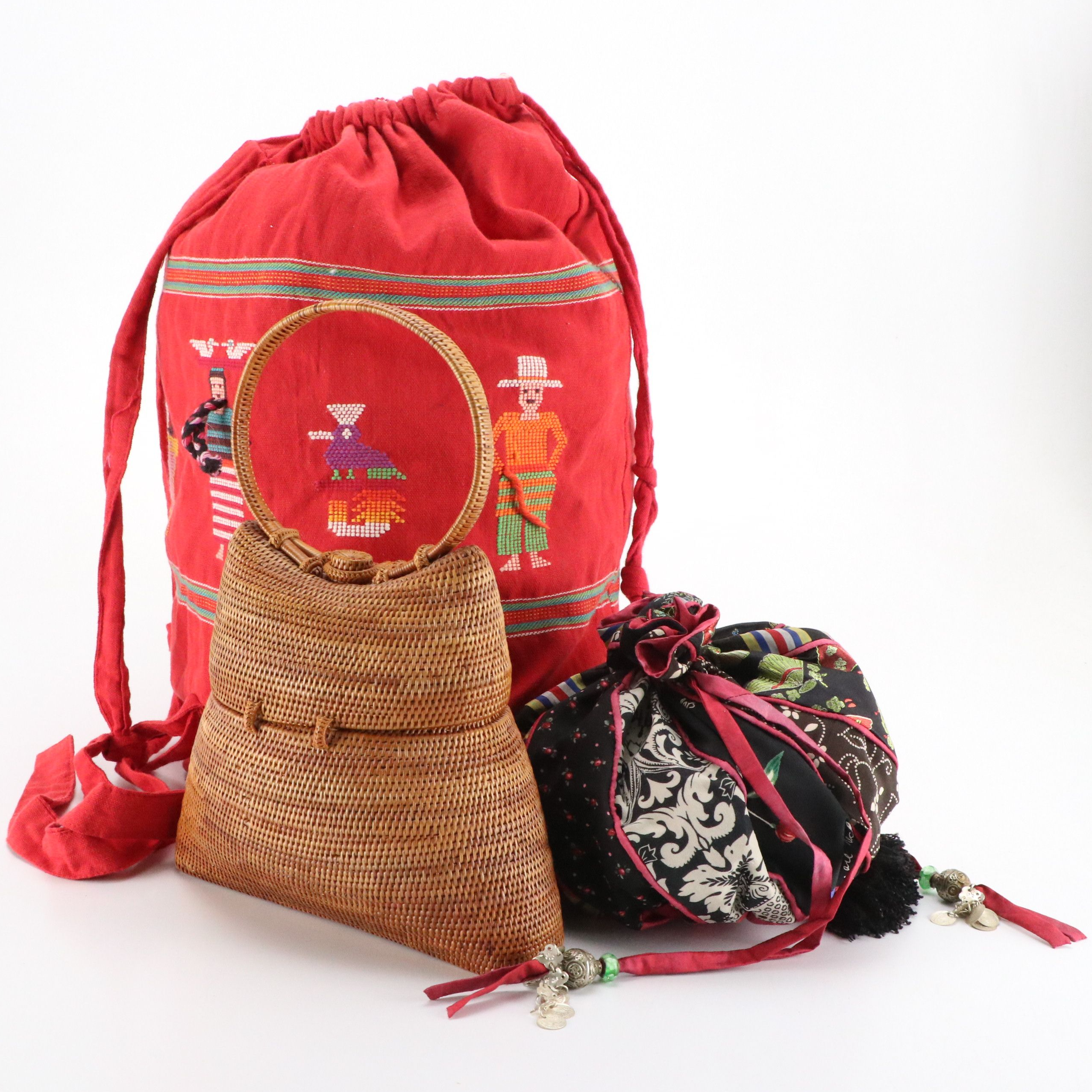 GinYa "Rosey Posey" Pouch, Handmade Embroidered Canvas Backpack, Woven Bag