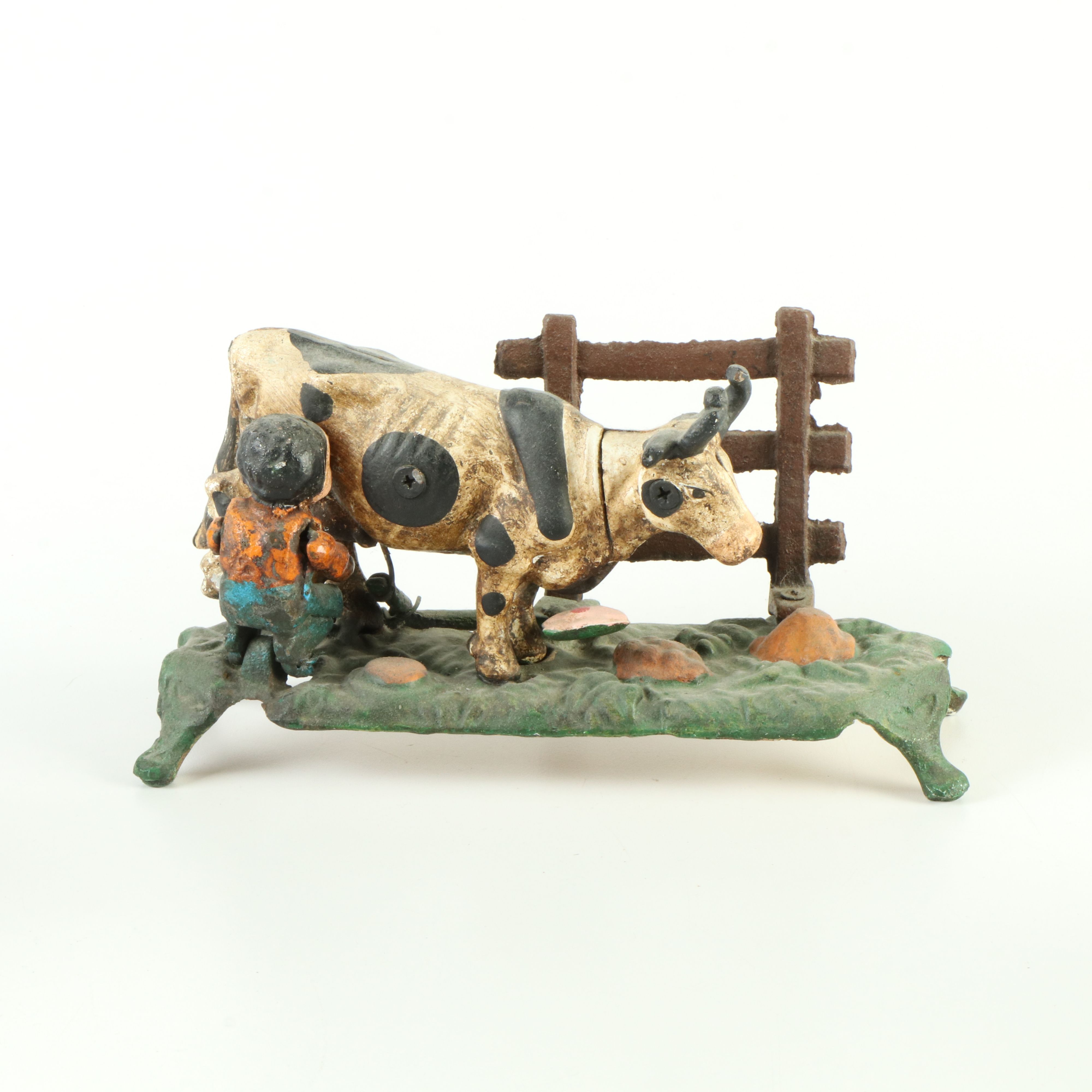 Three Vintage Cast Iron Mechanized Banks, Baseball, Football, Farm