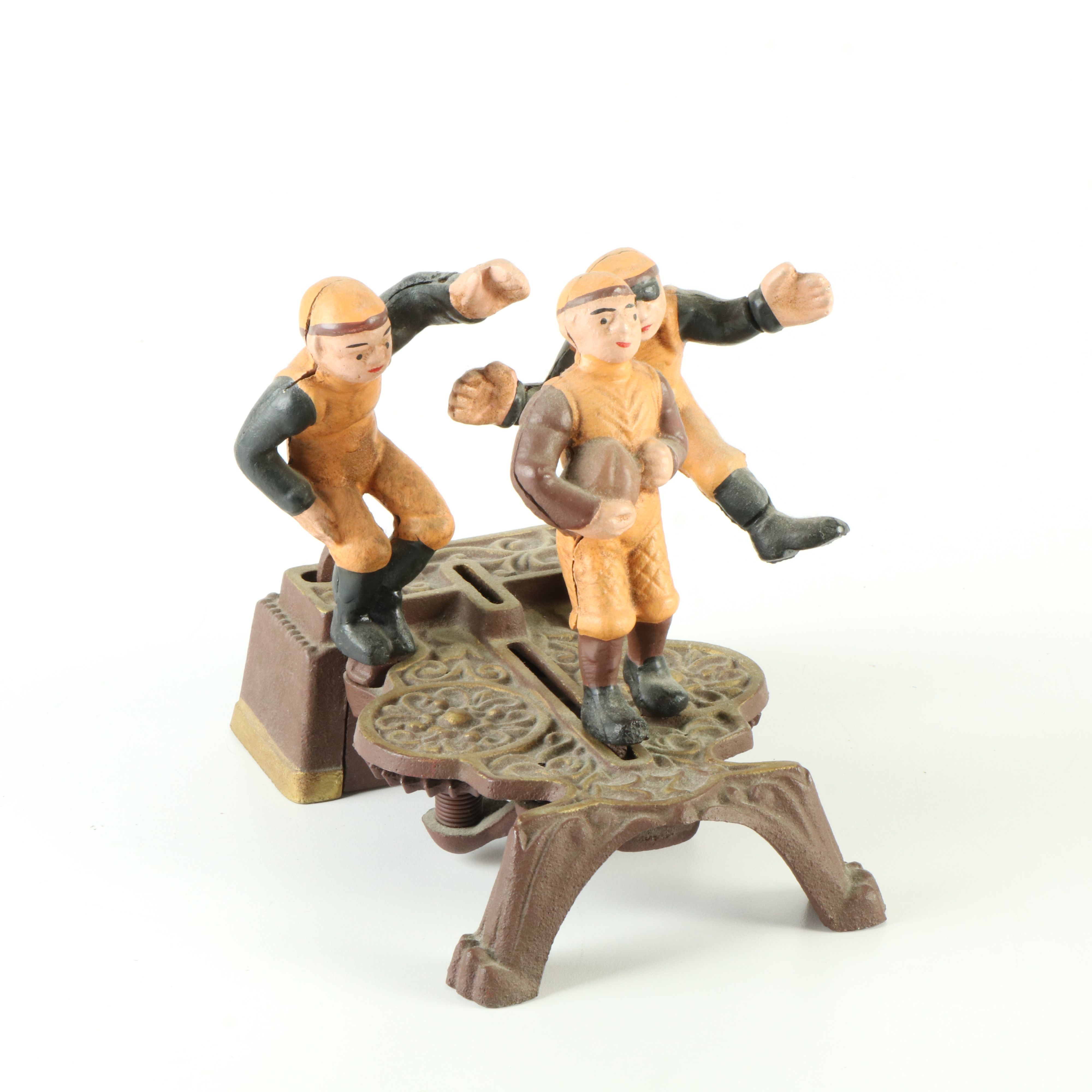 Three Vintage Cast Iron Mechanized Banks, Baseball, Football, Farm