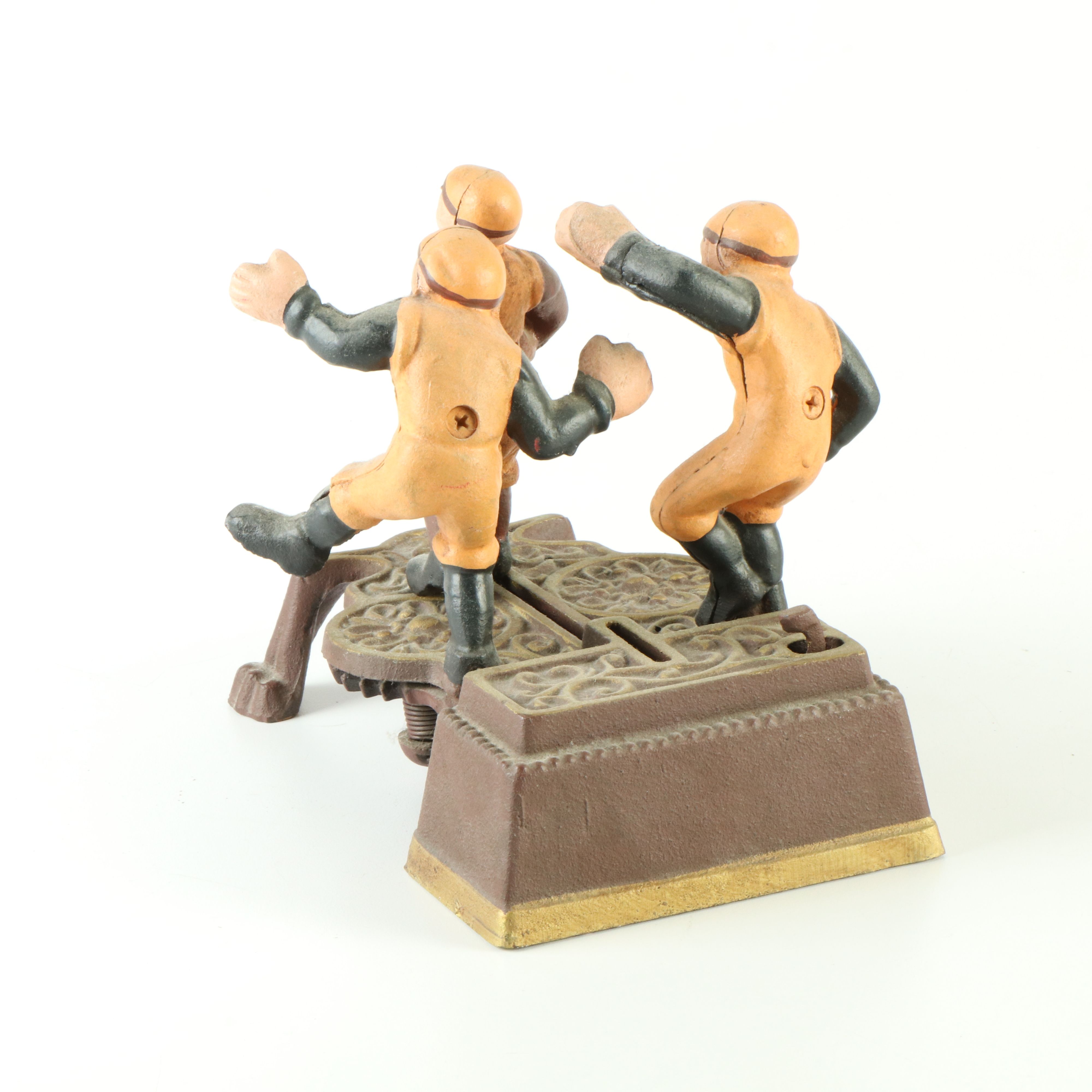 Three Vintage Cast Iron Mechanized Banks, Baseball, Football, Farm