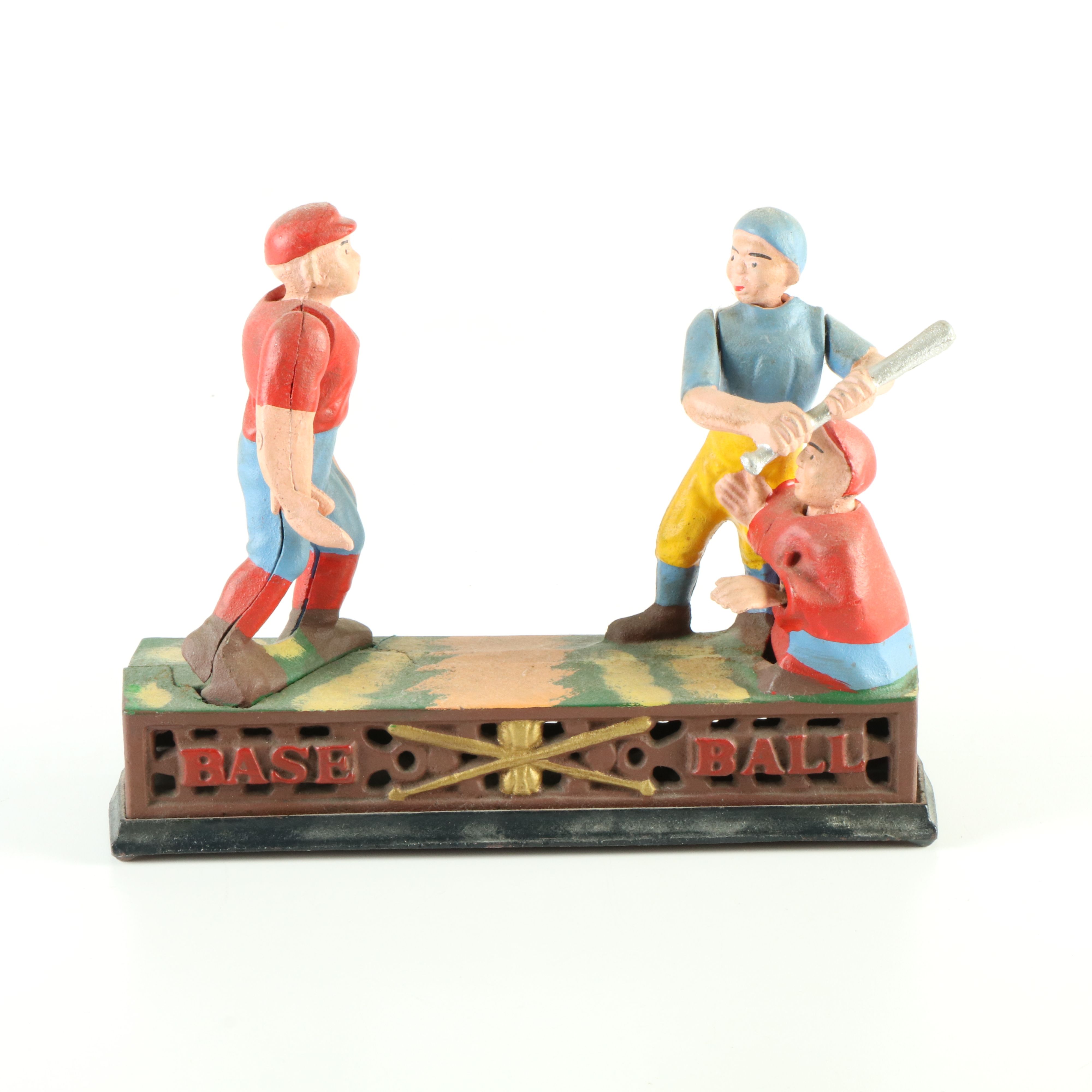 Three Vintage Cast Iron Mechanized Banks, Baseball, Football, Farm