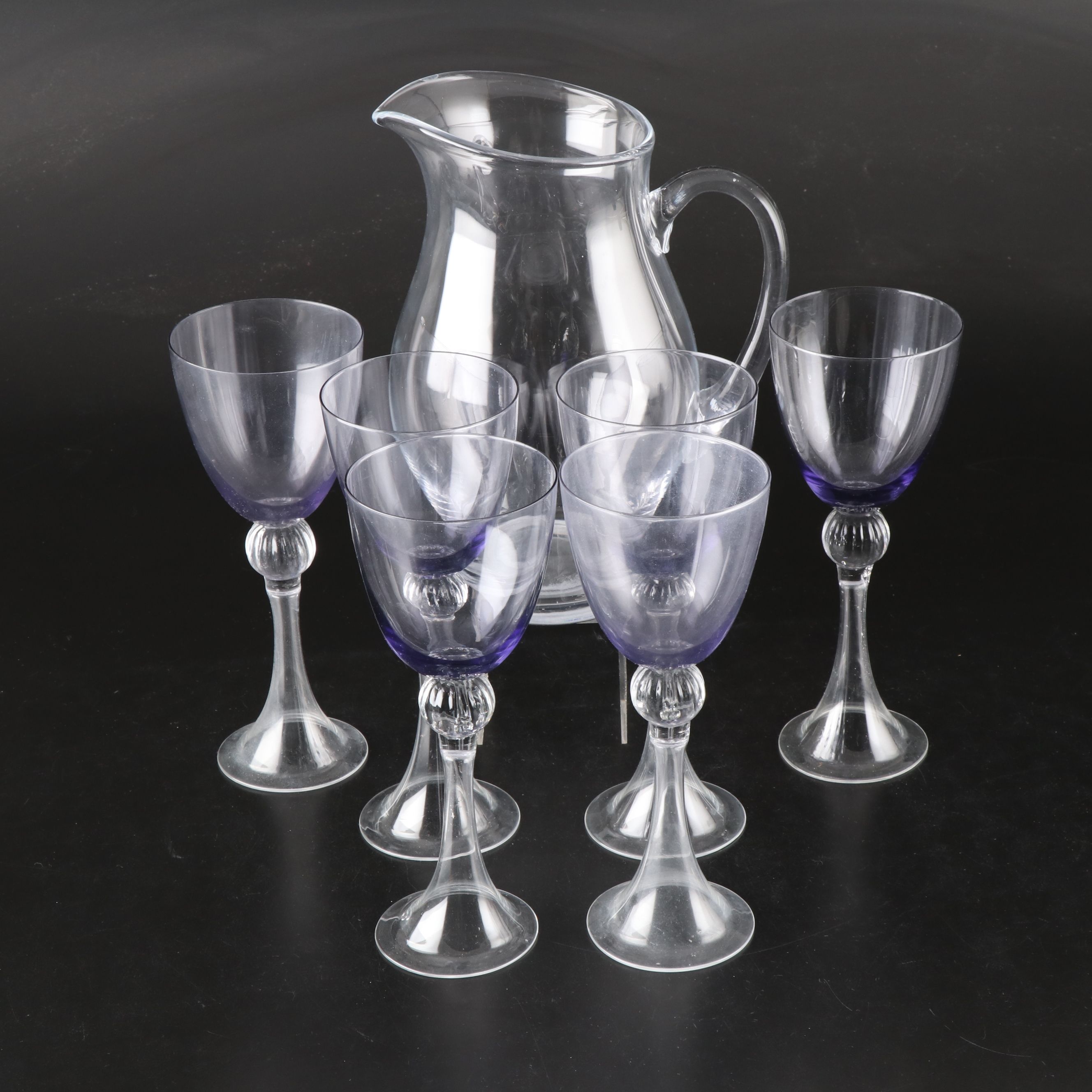Blown Glass Pitcher with Purple Glass Goblets