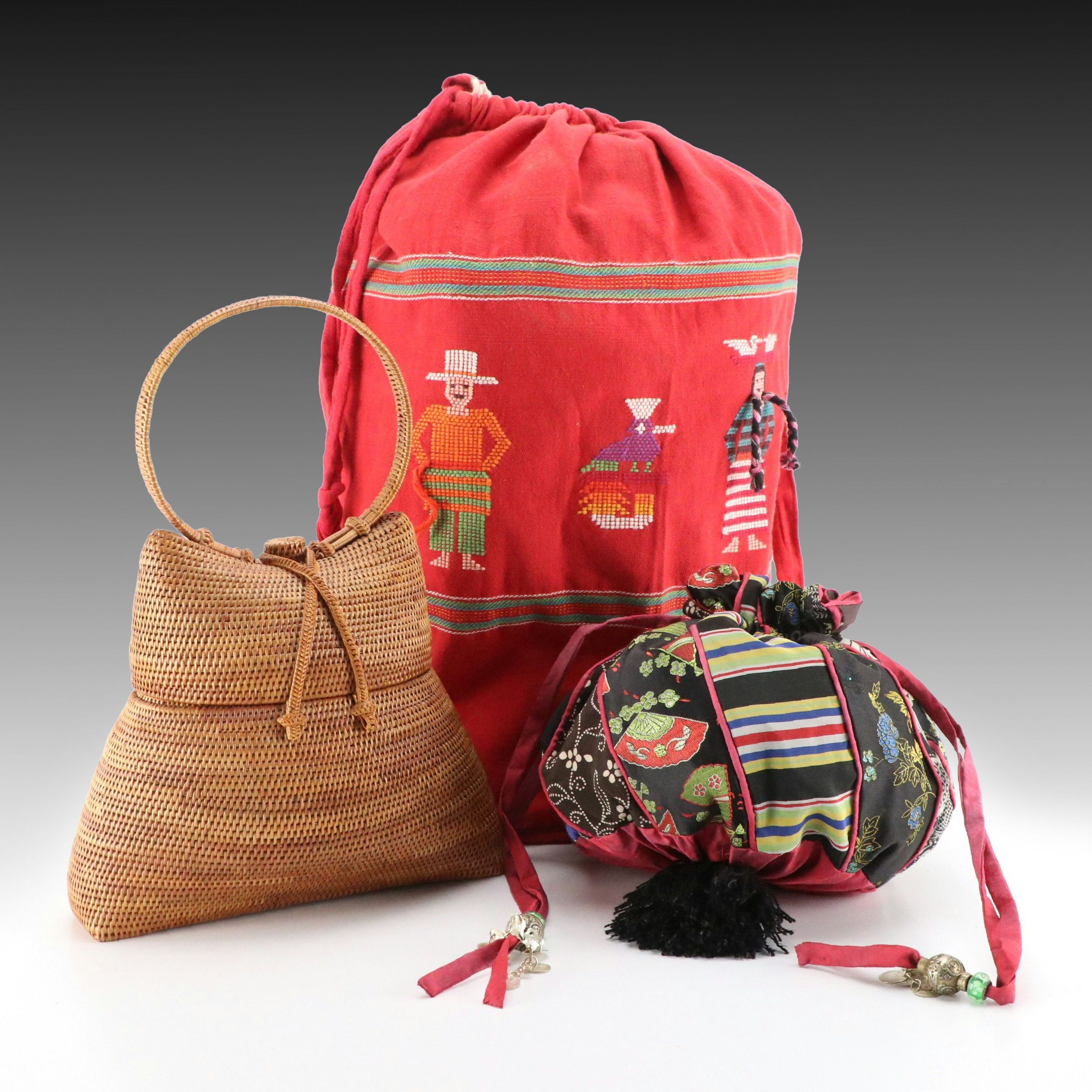 GinYa "Rosey Posey" Pouch, Handmade Embroidered Canvas Backpack, Woven Bag
