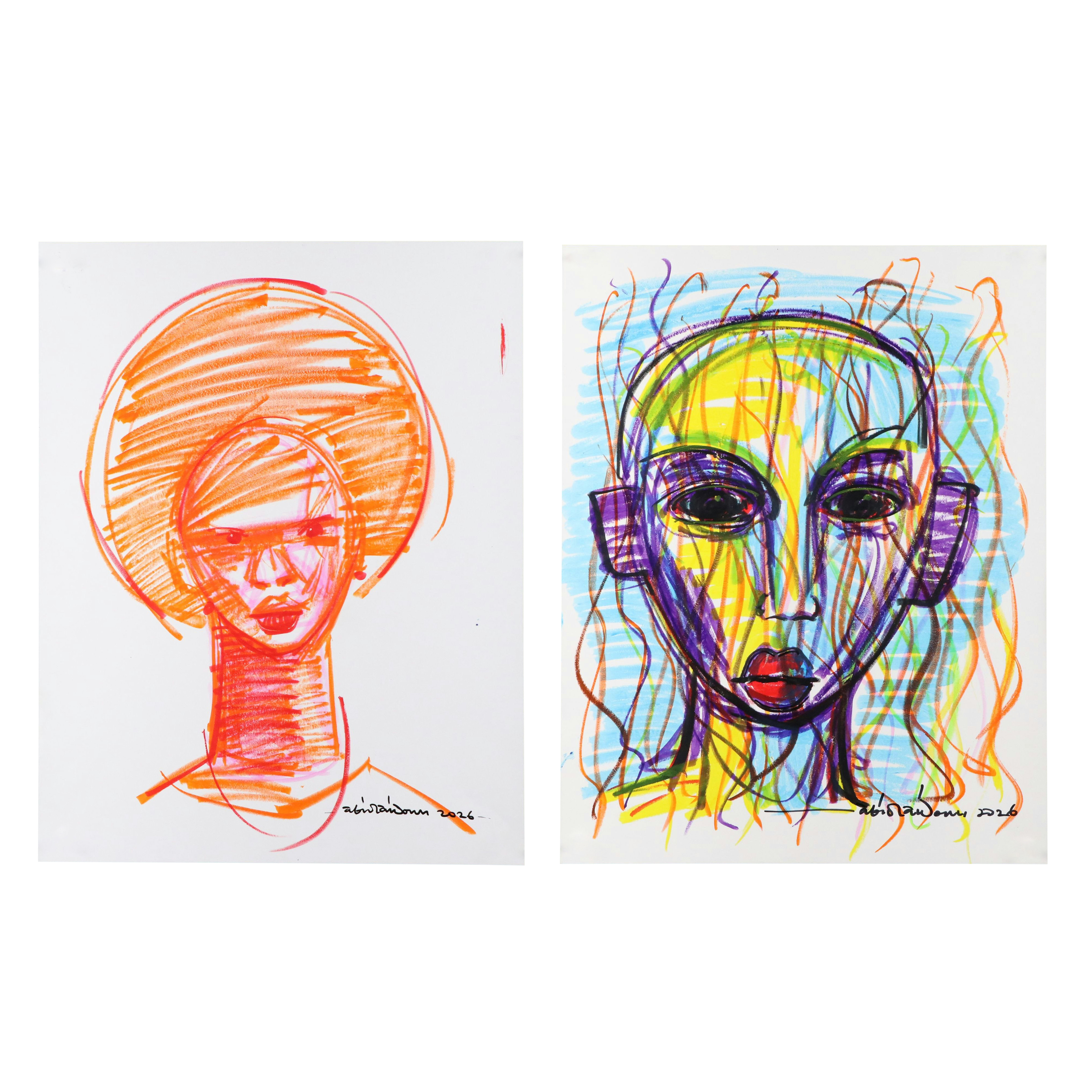 Abiola Idowu Acrylic and Marker Portraits "In Orange" and More, 2026