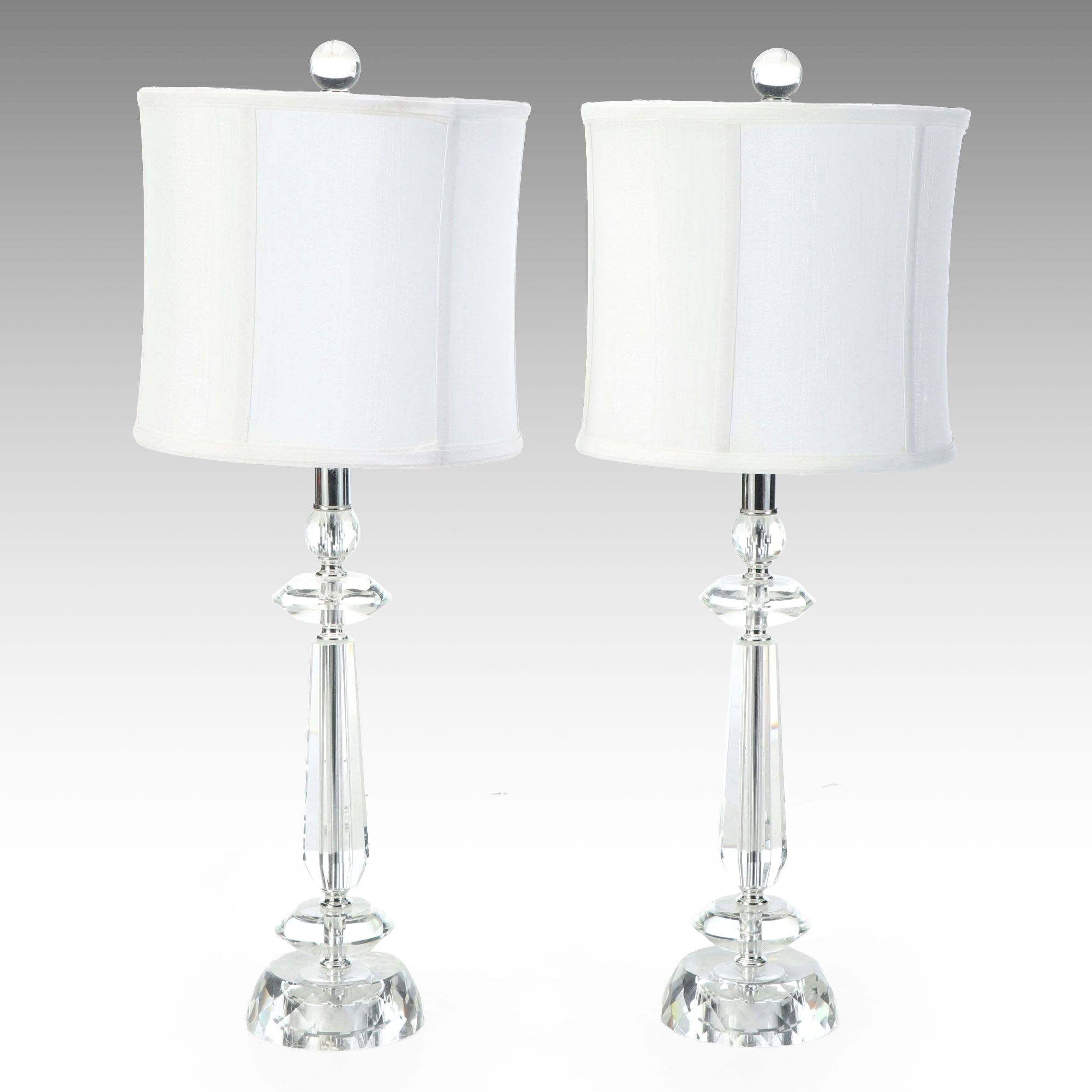 Acrylic Column Table Lamp Pair with Silk Drum Shades