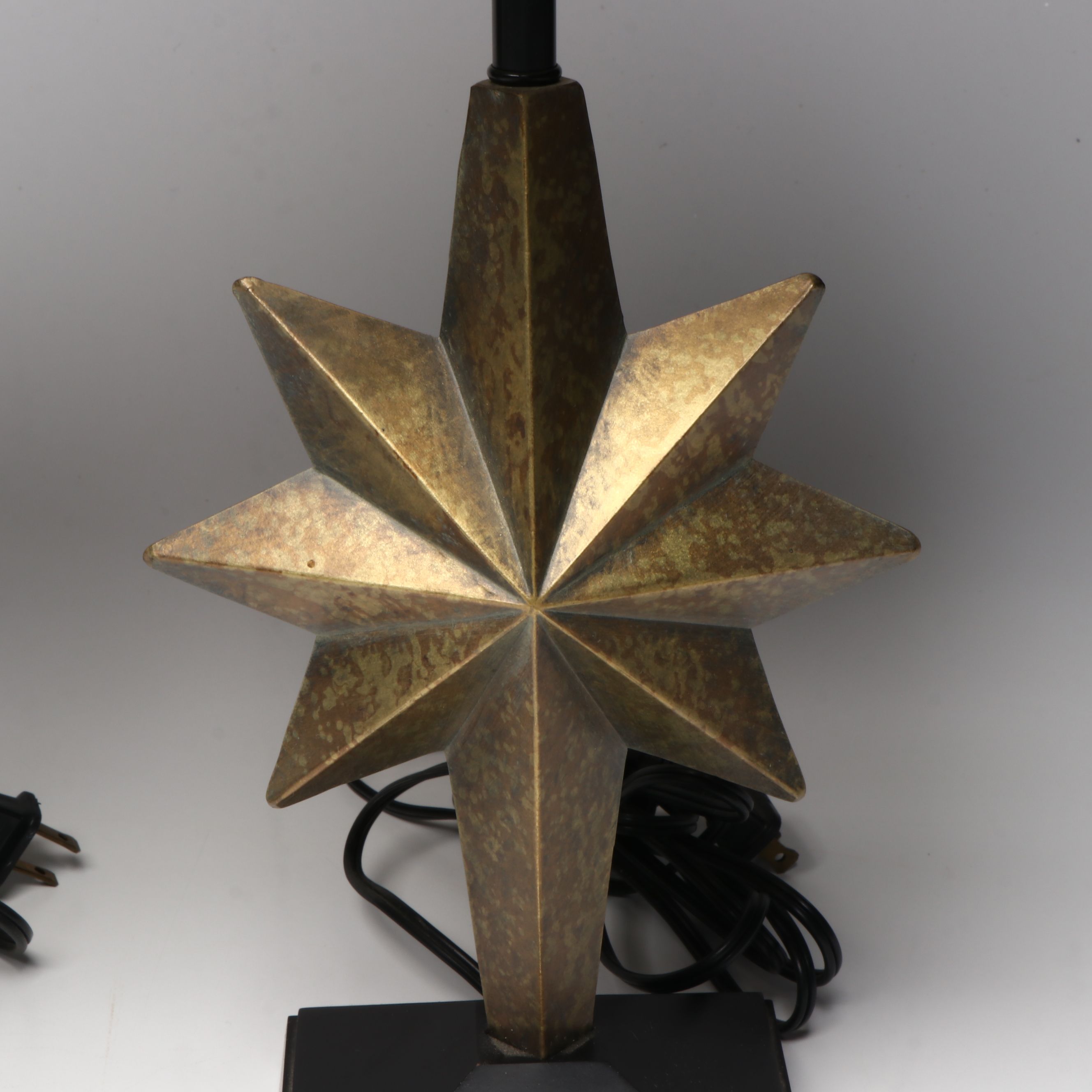 Pair of Antiqued Brass Finish Star Accent Lamps with Black Conical Shades