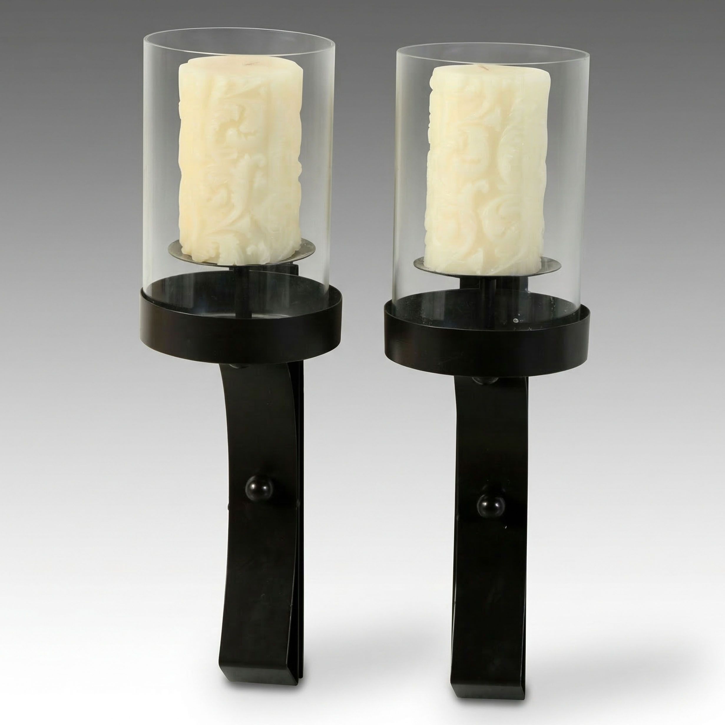 Pair of Black Metal Band Pillar Candle Wall Sconces