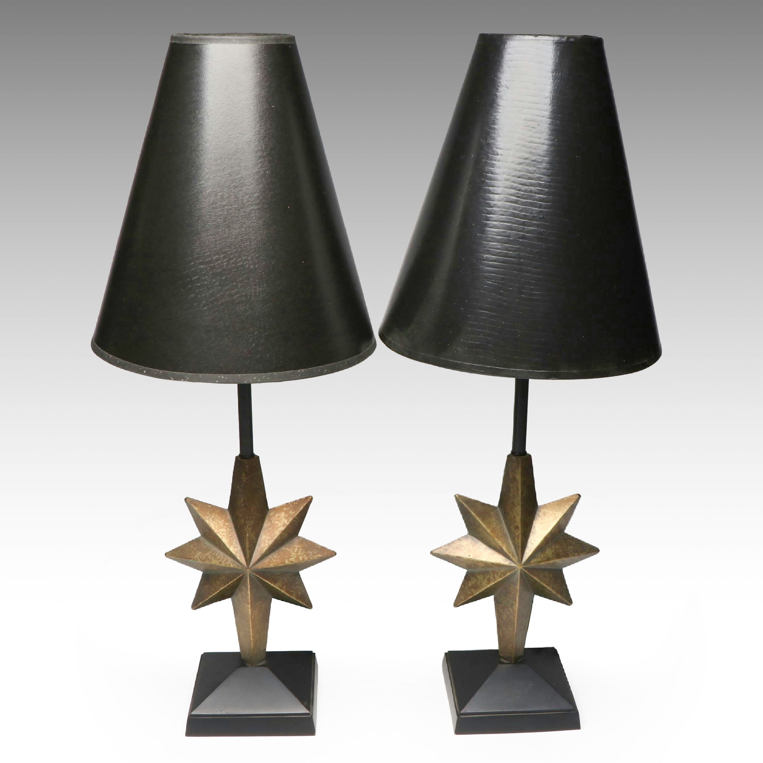 Pair of Antiqued Brass Finish Star Accent Lamps with Black Conical Shades