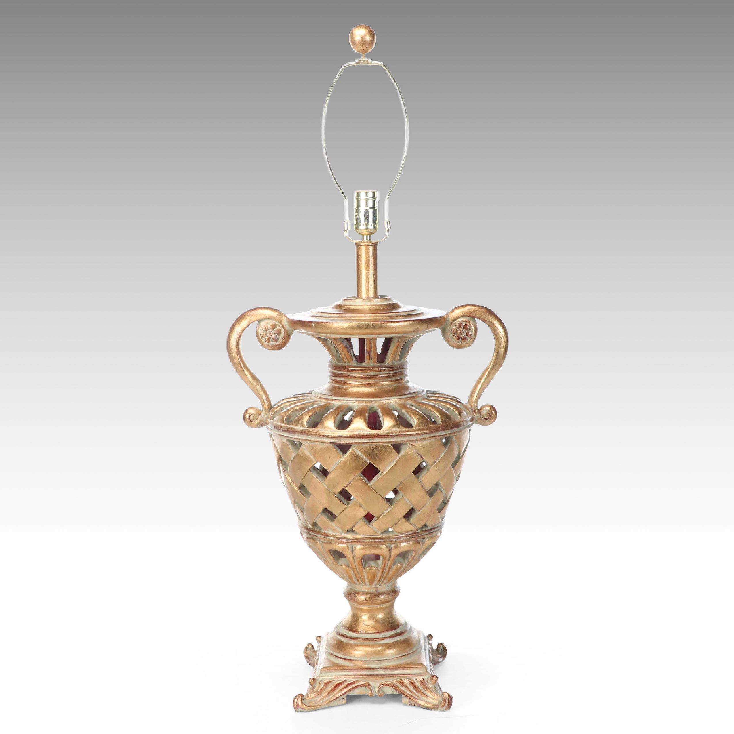 Berman Neoclassical Style Gold Finish Open Weave Urn Resin Table Lamp