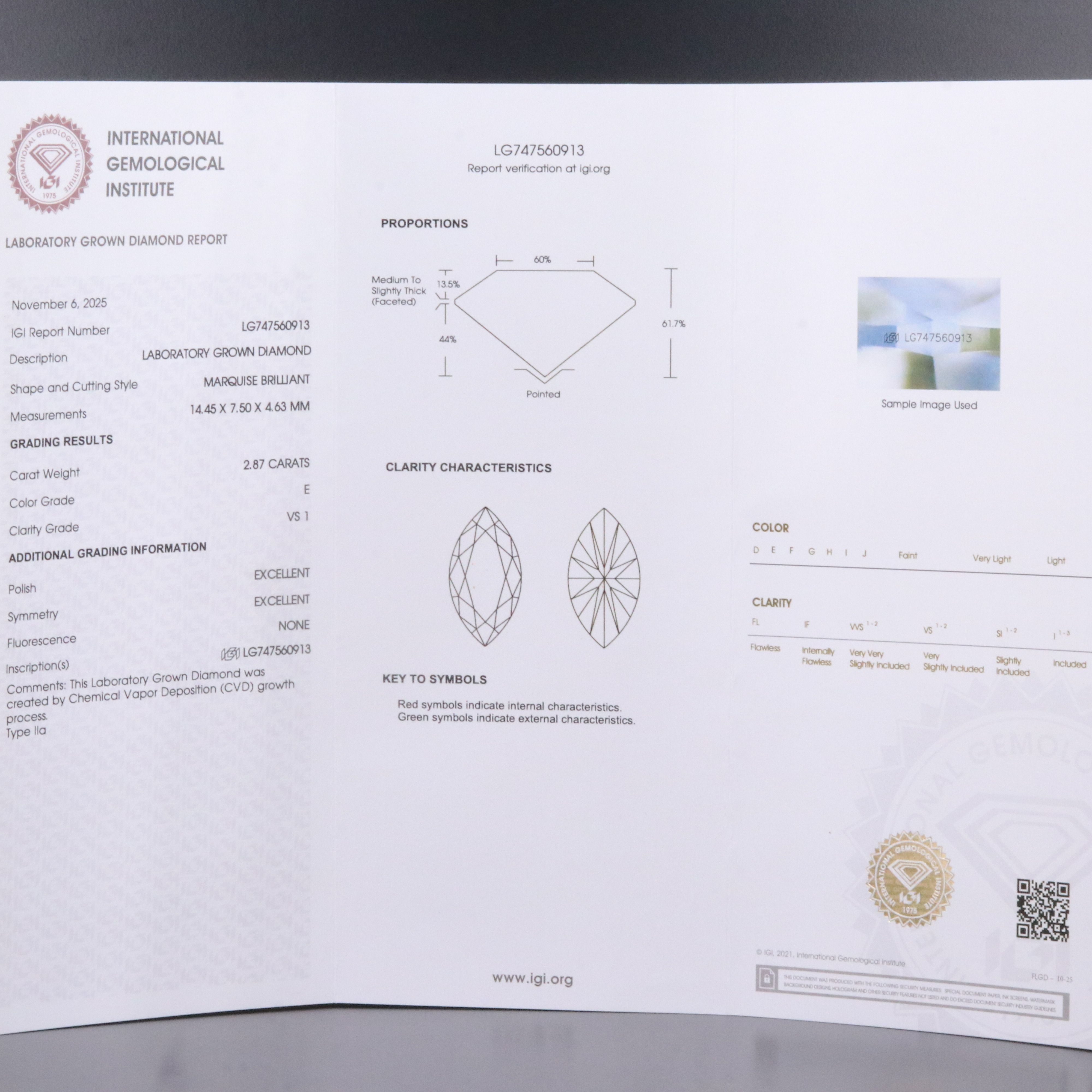 Loose 2.87 CT Lab Grown Diamond with IGI Report