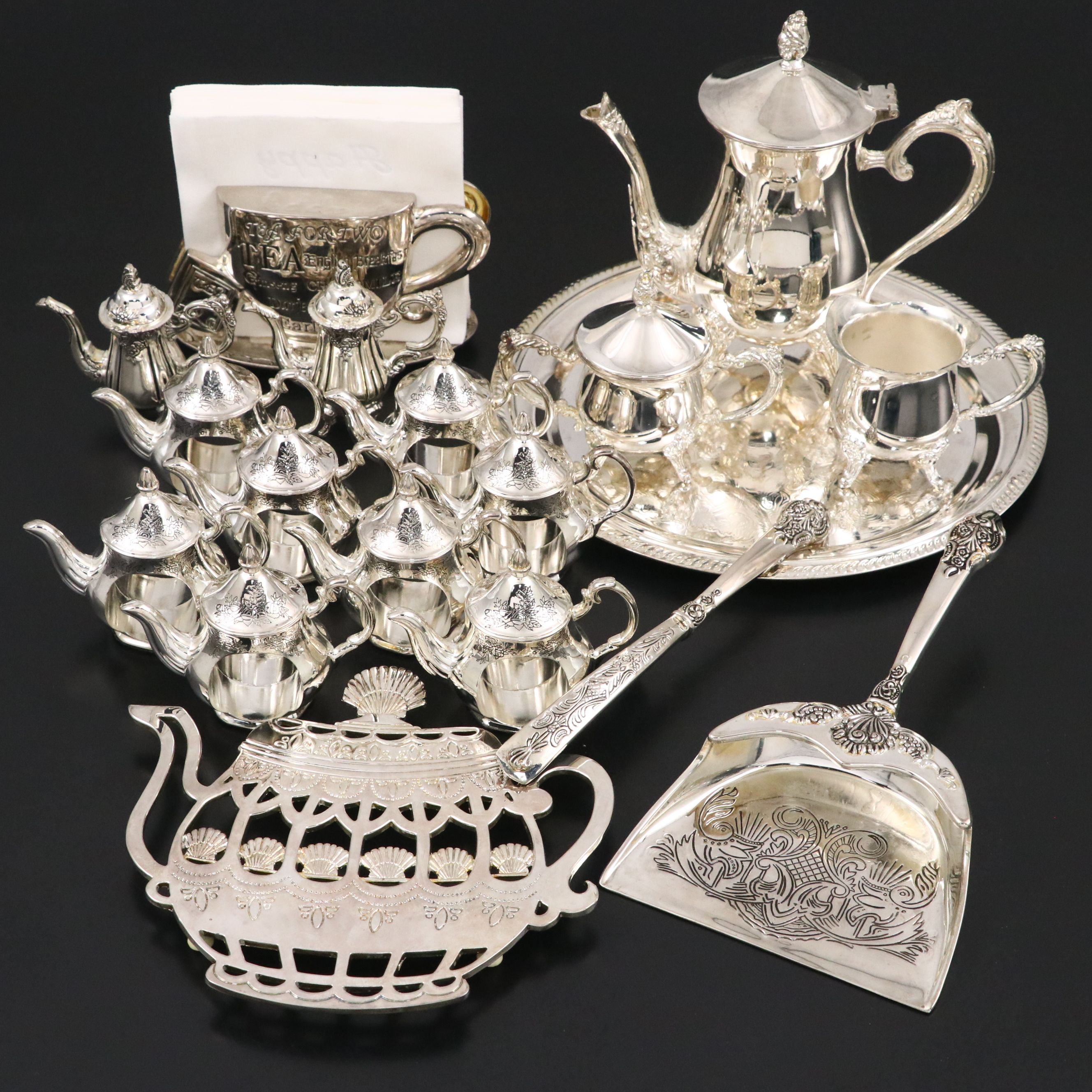 Godinger Silver Plate Teapot-Shaped Napkin Holder and Rings with More Tableware