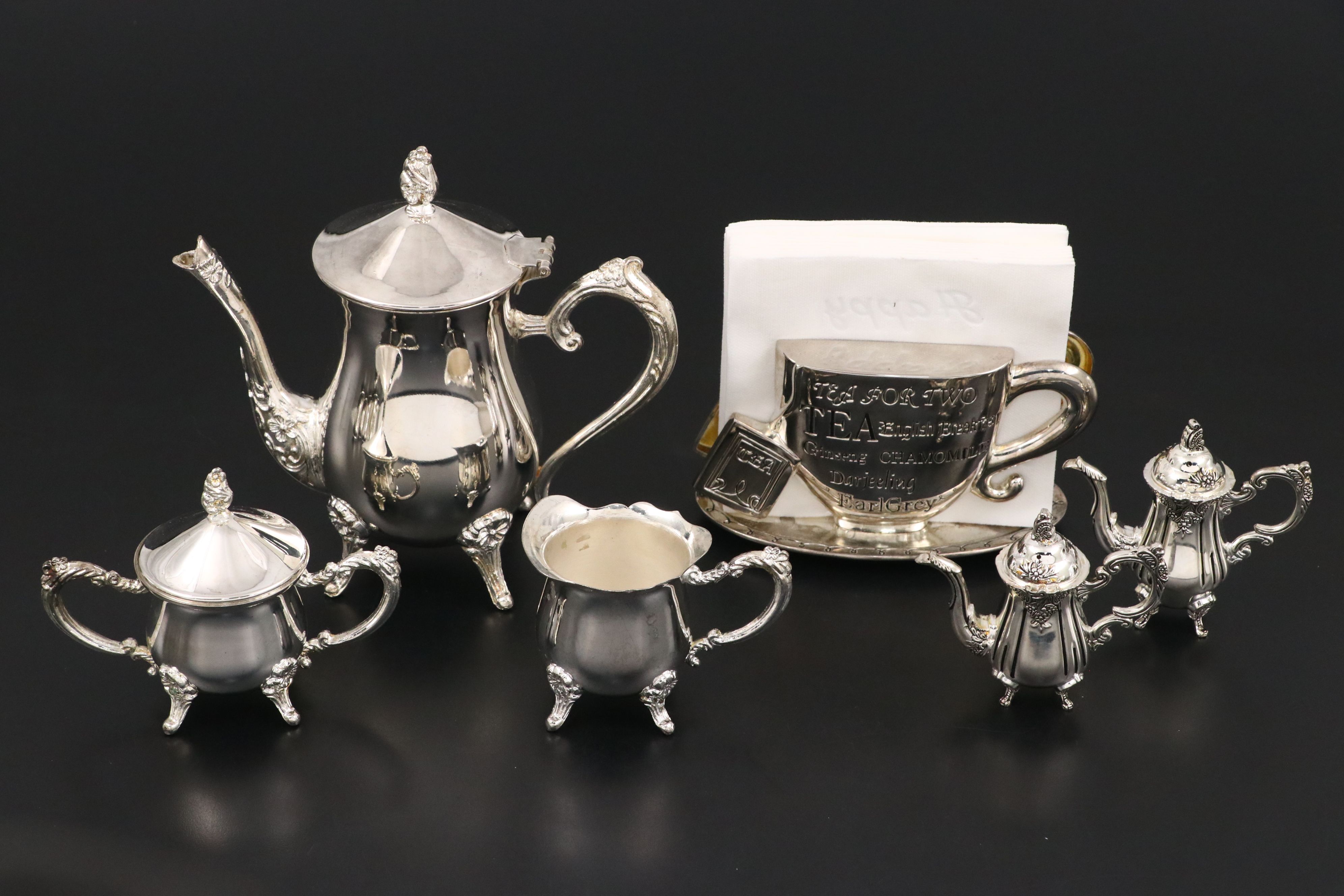 Godinger Silver Plate Teapot-Shaped Napkin Holder and Rings with More Tableware