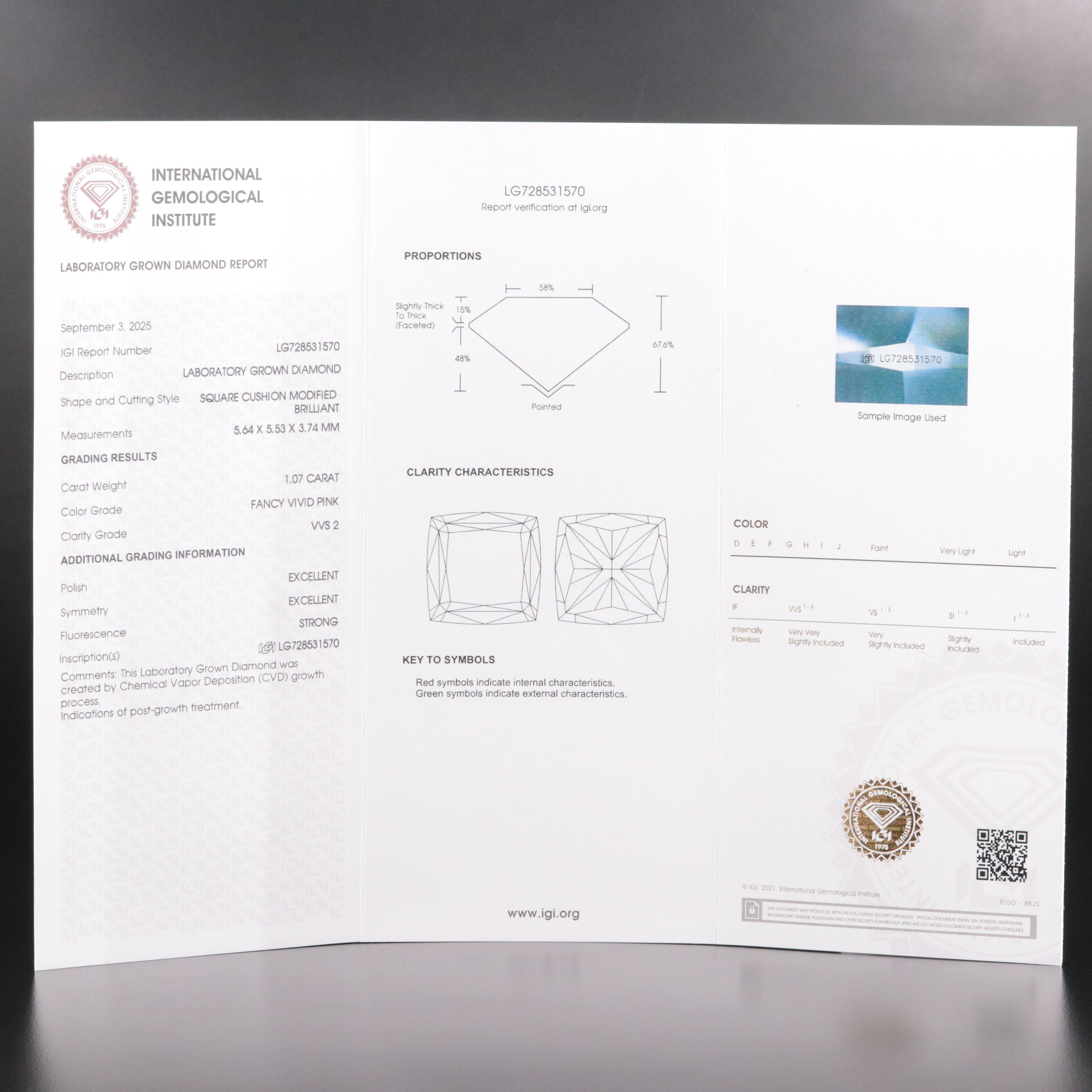 Loose 1.07 CT Lab Grown Fancy Vivid Pink Diamond with IGI Report