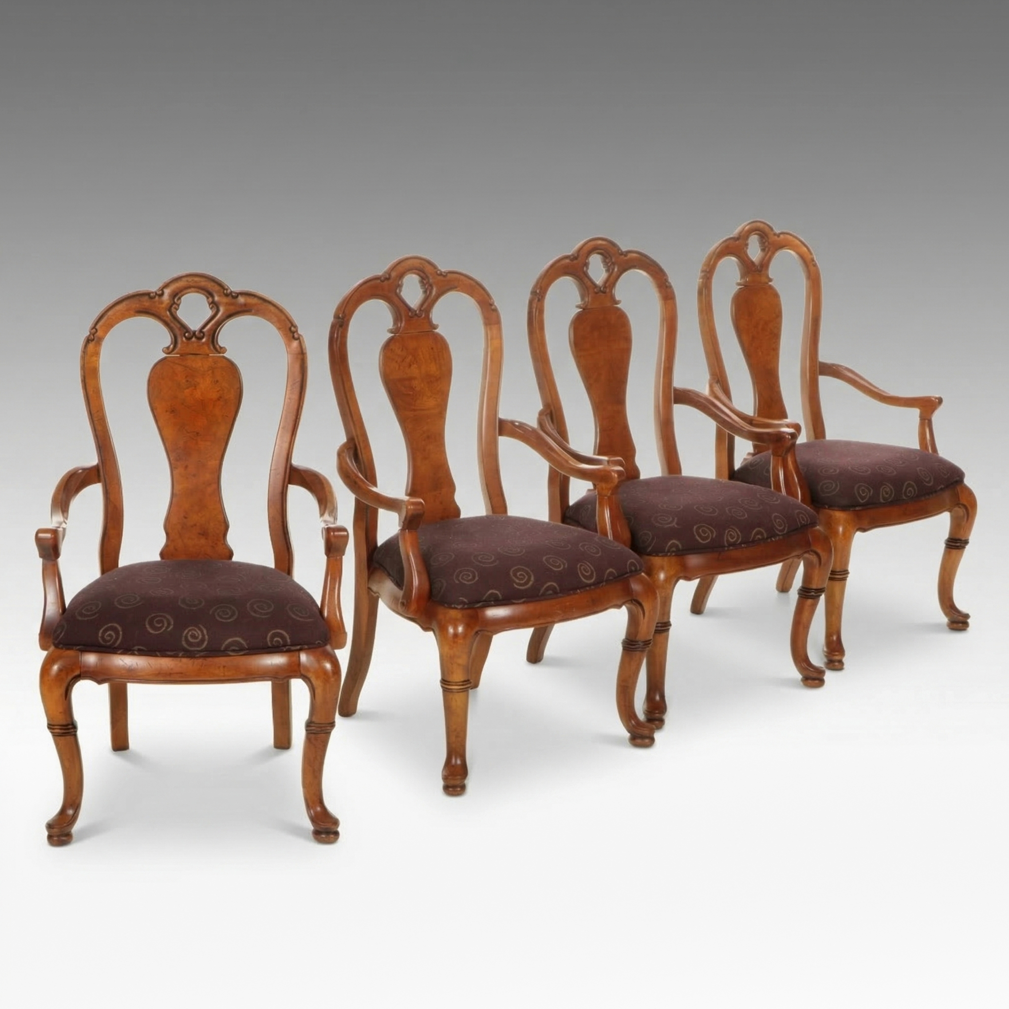 Four Thomasville "British Gentry Collection" Walnut and Burl Wood Armchairs