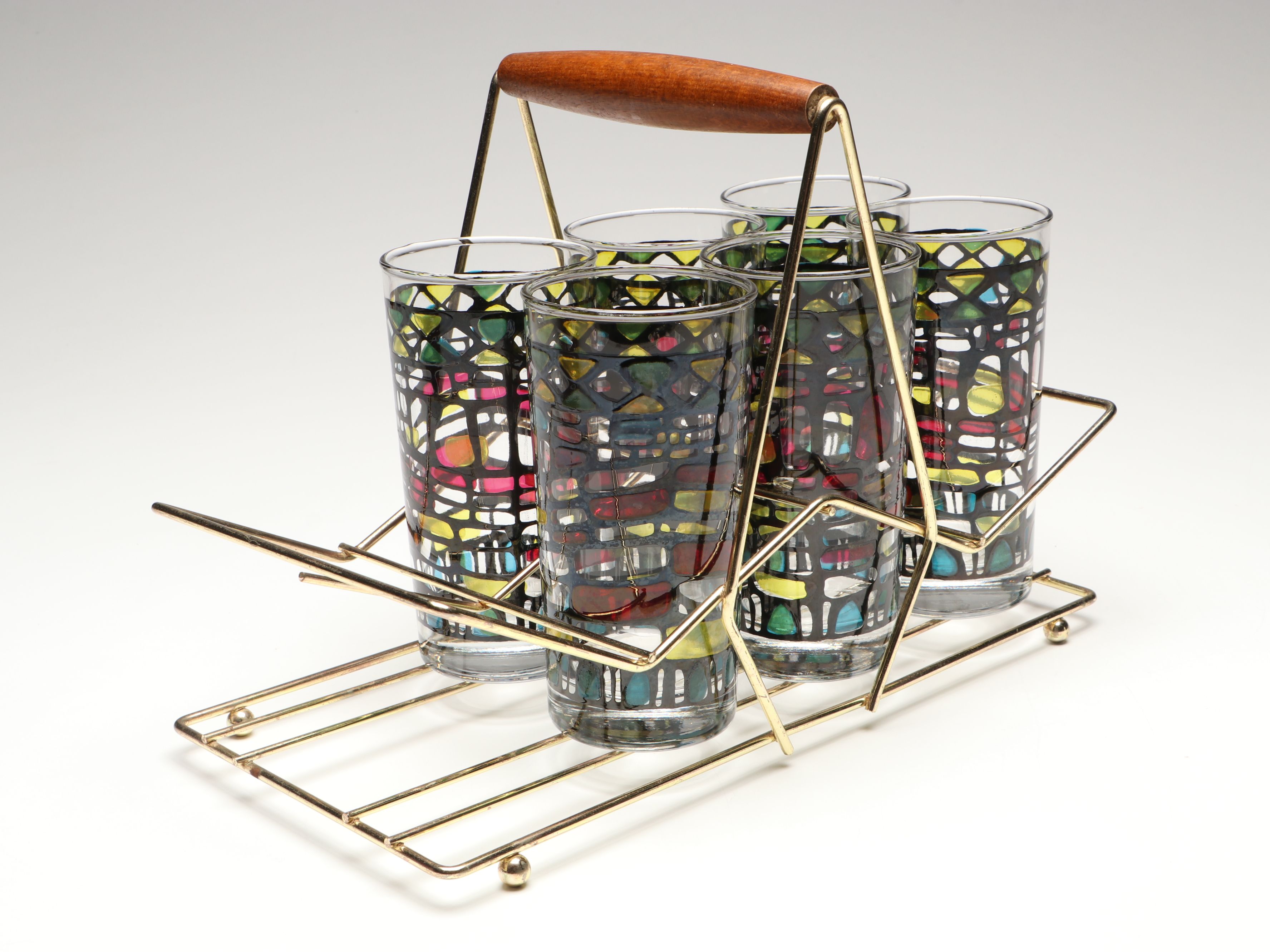 Mid Century Modern Style Faux Stained Glass Highballs and Serv-Master Ice Bucket