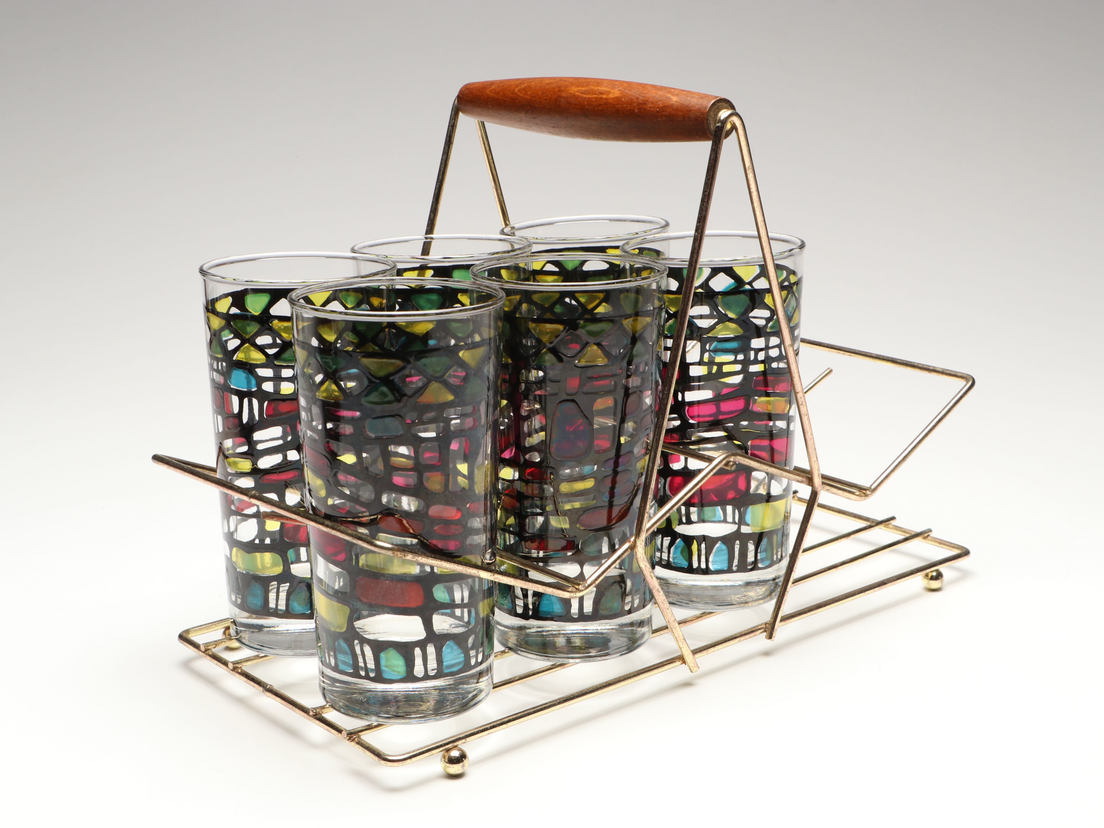 Mid Century Modern Style Faux Stained Glass Highballs and Serv-Master Ice Bucket