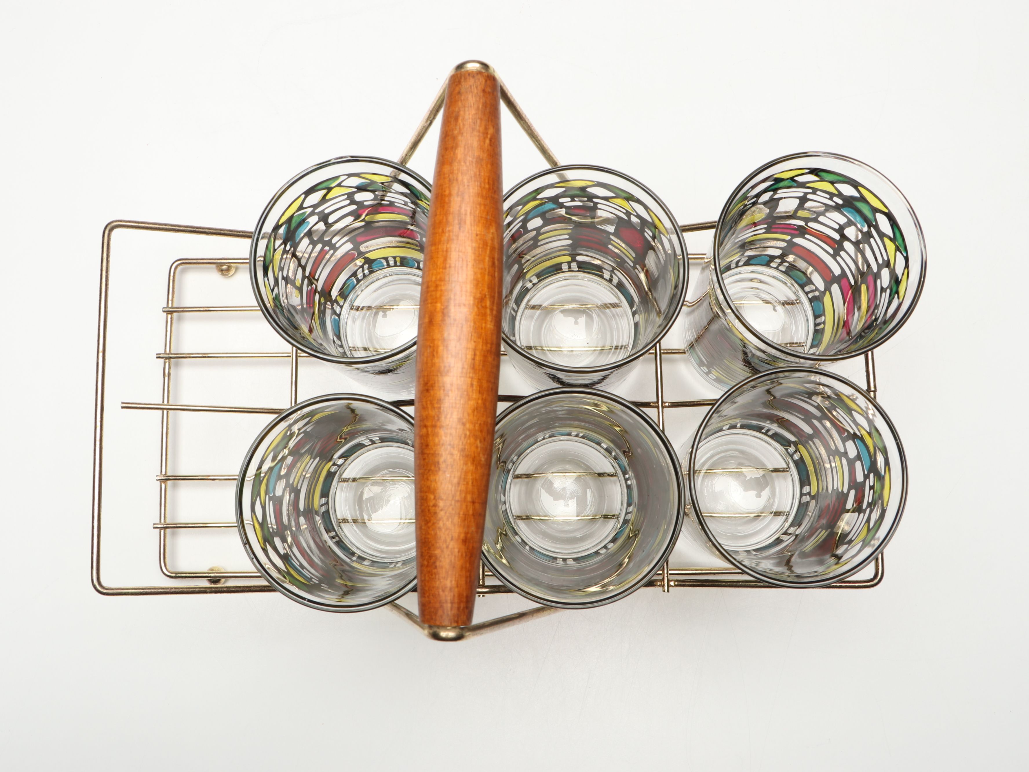 Mid Century Modern Style Faux Stained Glass Highballs and Serv-Master Ice Bucket