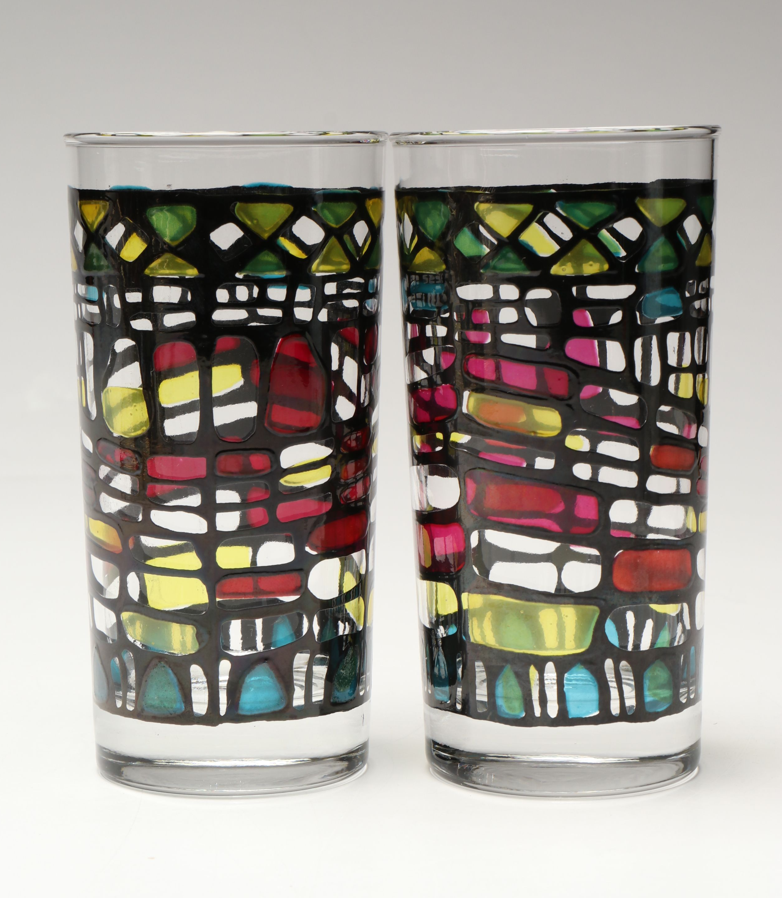 Mid Century Modern Style Faux Stained Glass Highballs and Serv-Master Ice Bucket