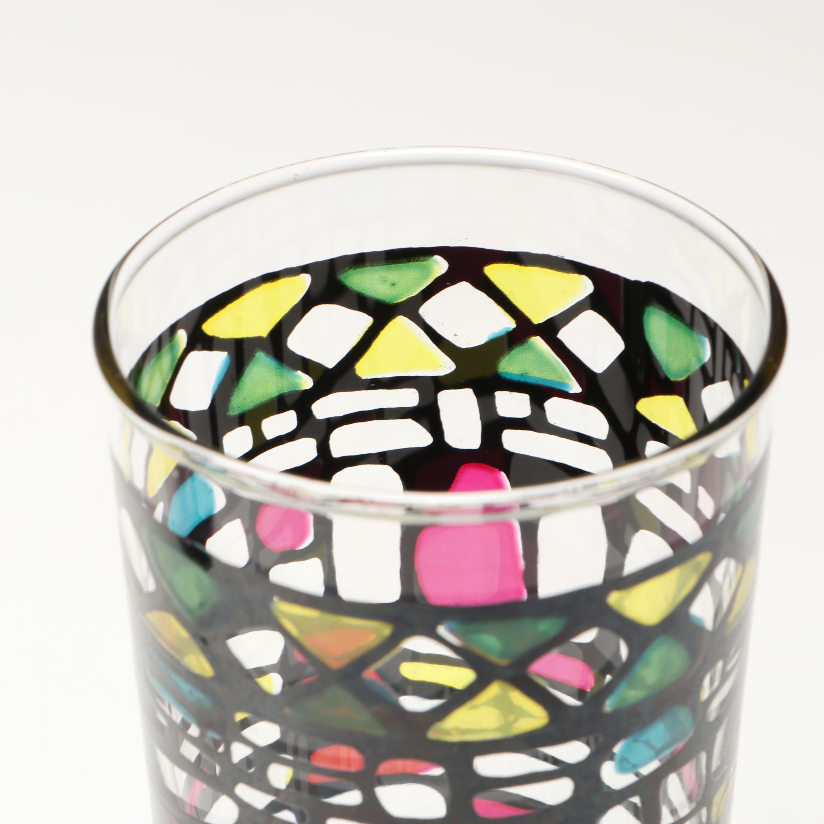 Mid Century Modern Style Faux Stained Glass Highballs and Serv-Master Ice Bucket