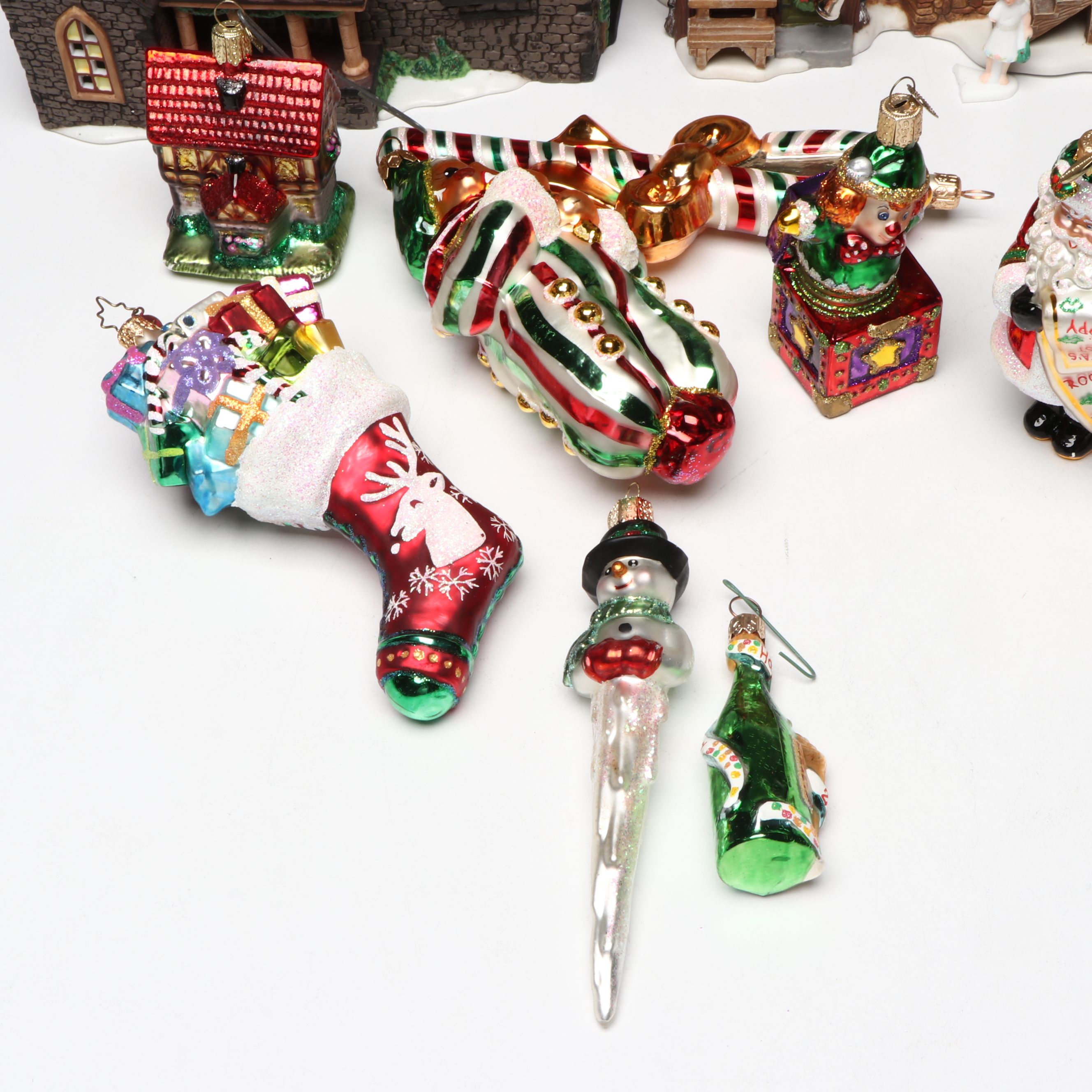 Christopher Radko and Other Blown Glass Ornaments with Christmas Village Décor