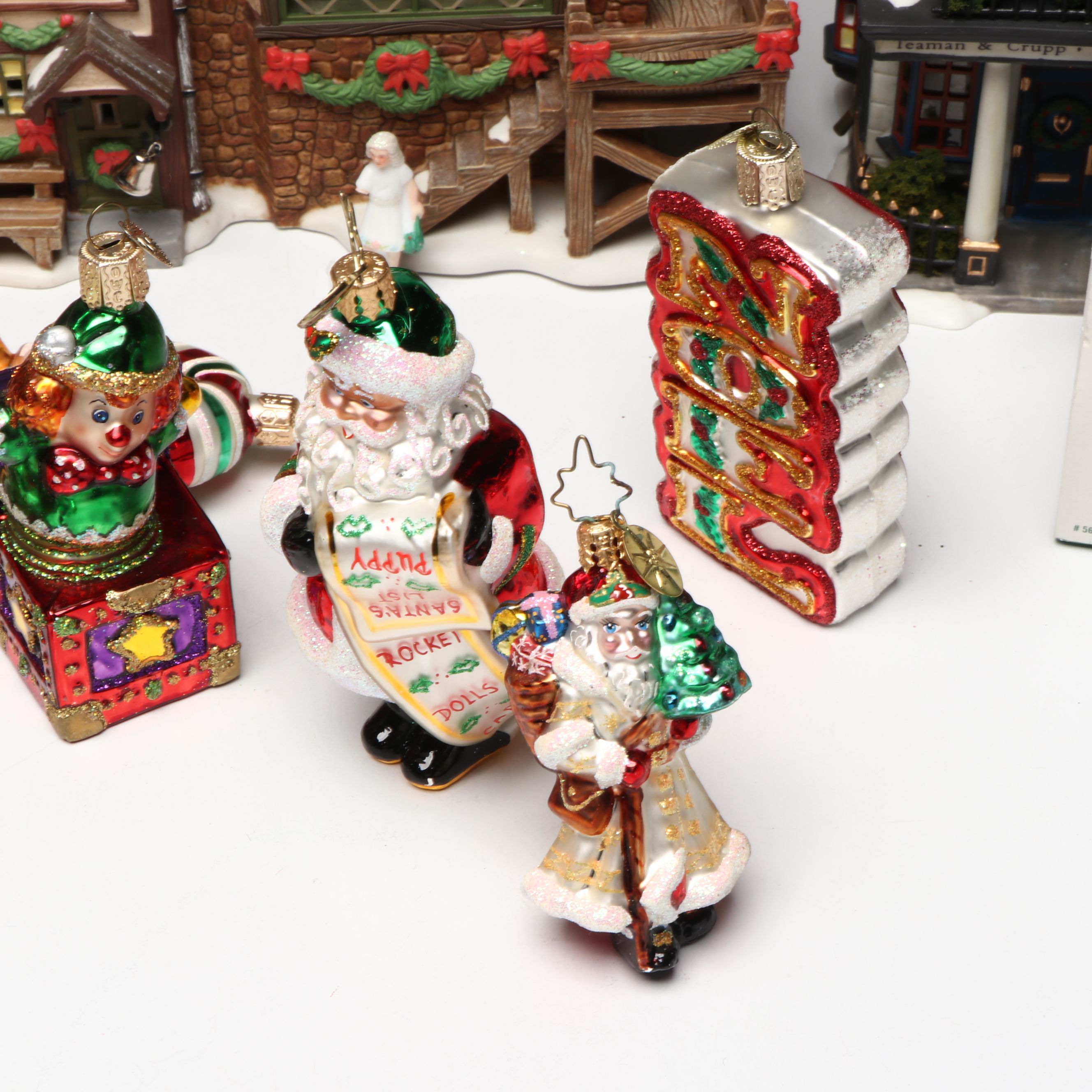 Christopher Radko and Other Blown Glass Ornaments with Christmas Village Décor