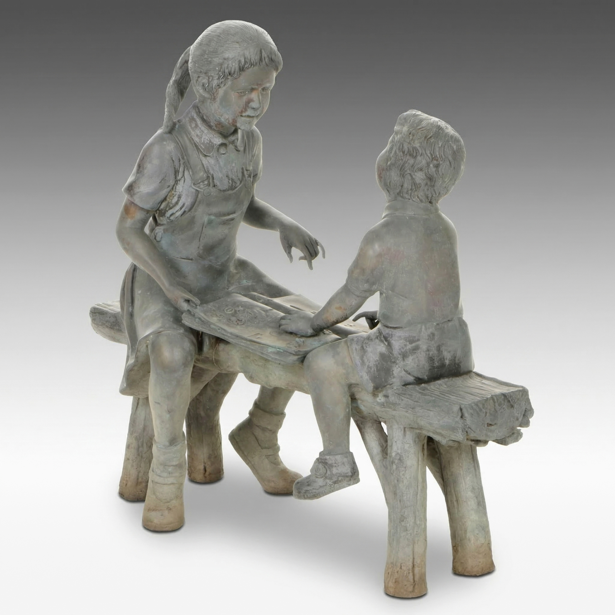 J.W. Peterson Bronze Sculpture of Children Reading on Bench