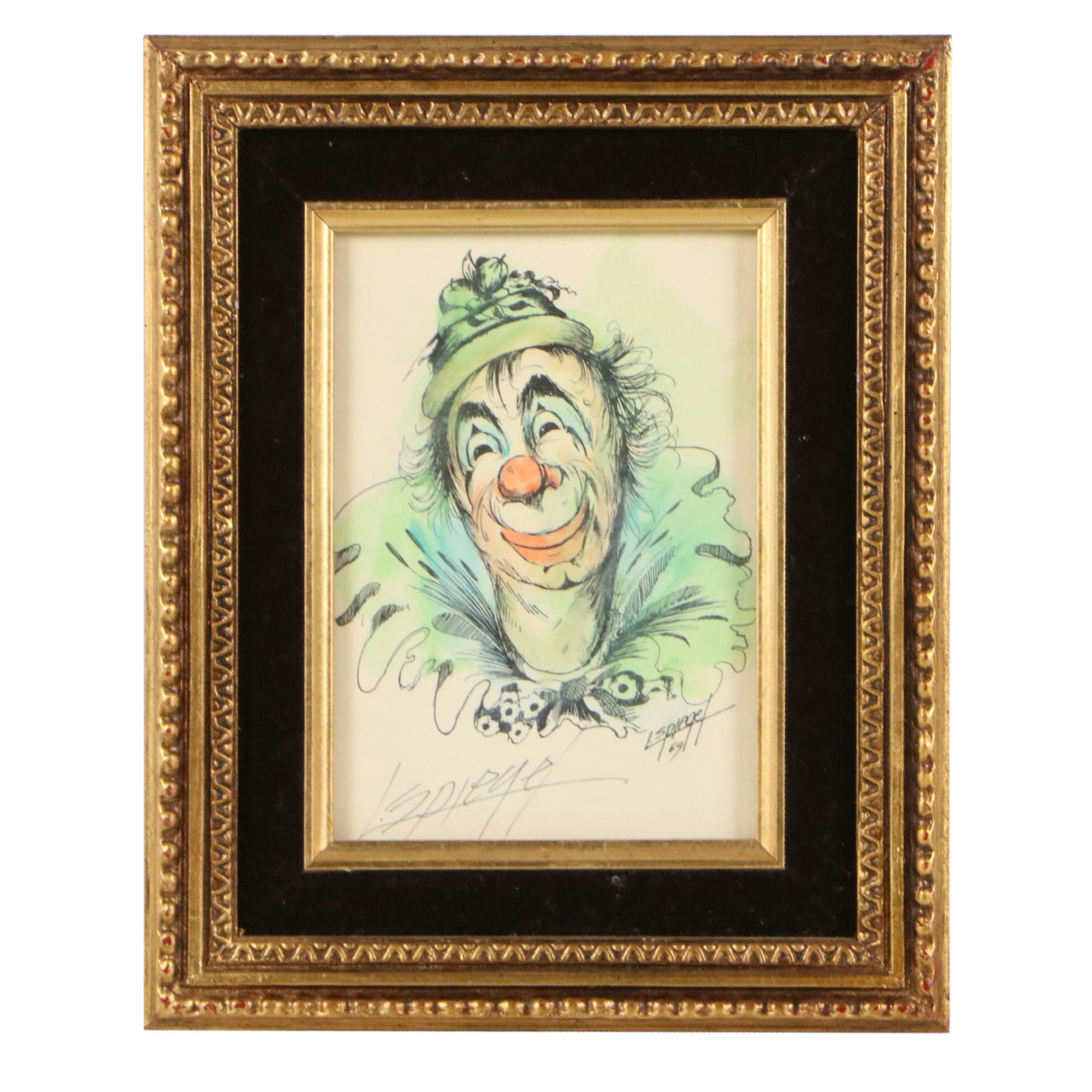 Louis Spiegel Hand-Colored Lithograph of Clown Portrait, Circa 1970