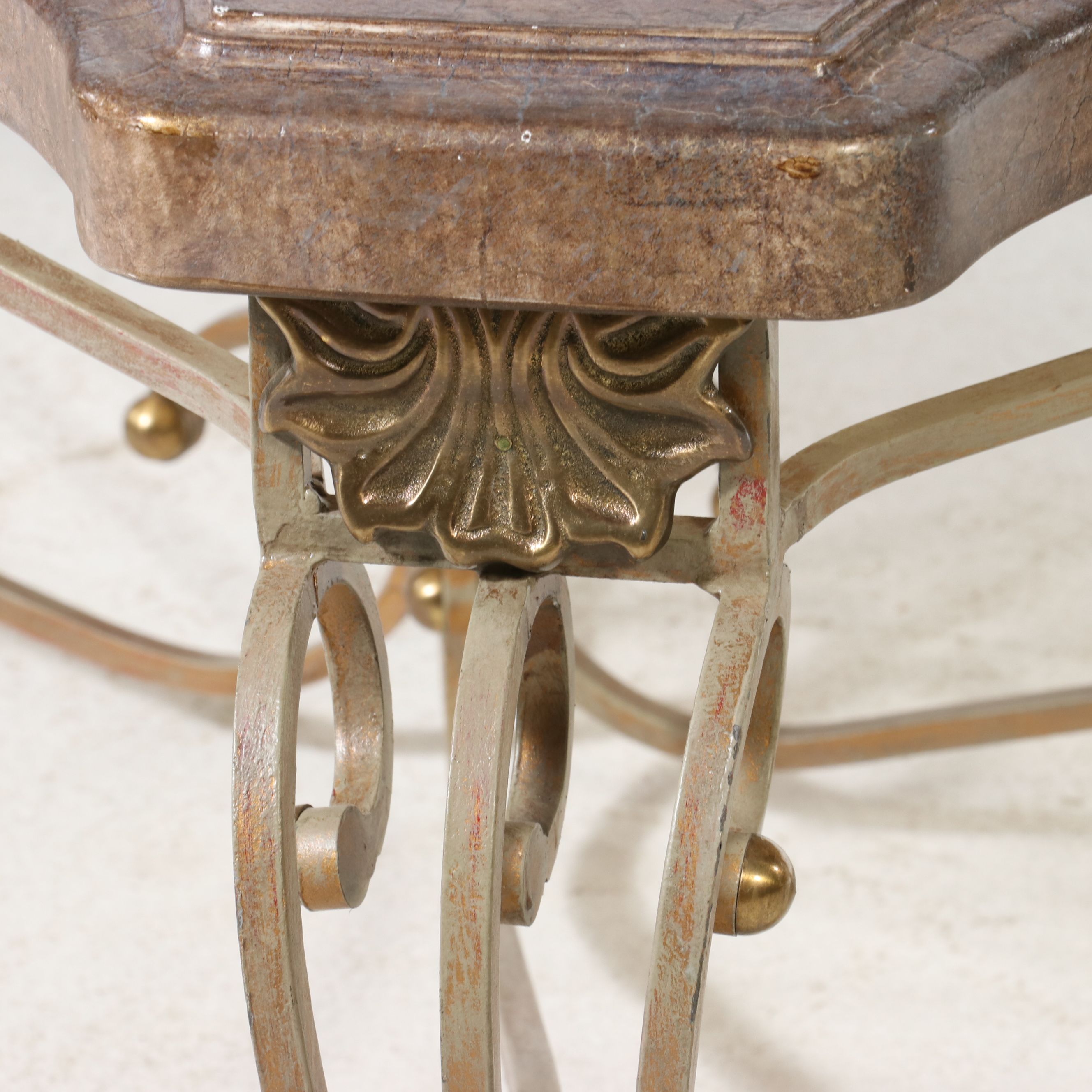 Mediterranean Revival Wrought Iron and Marble-Top Scroll-Base Coffee Table