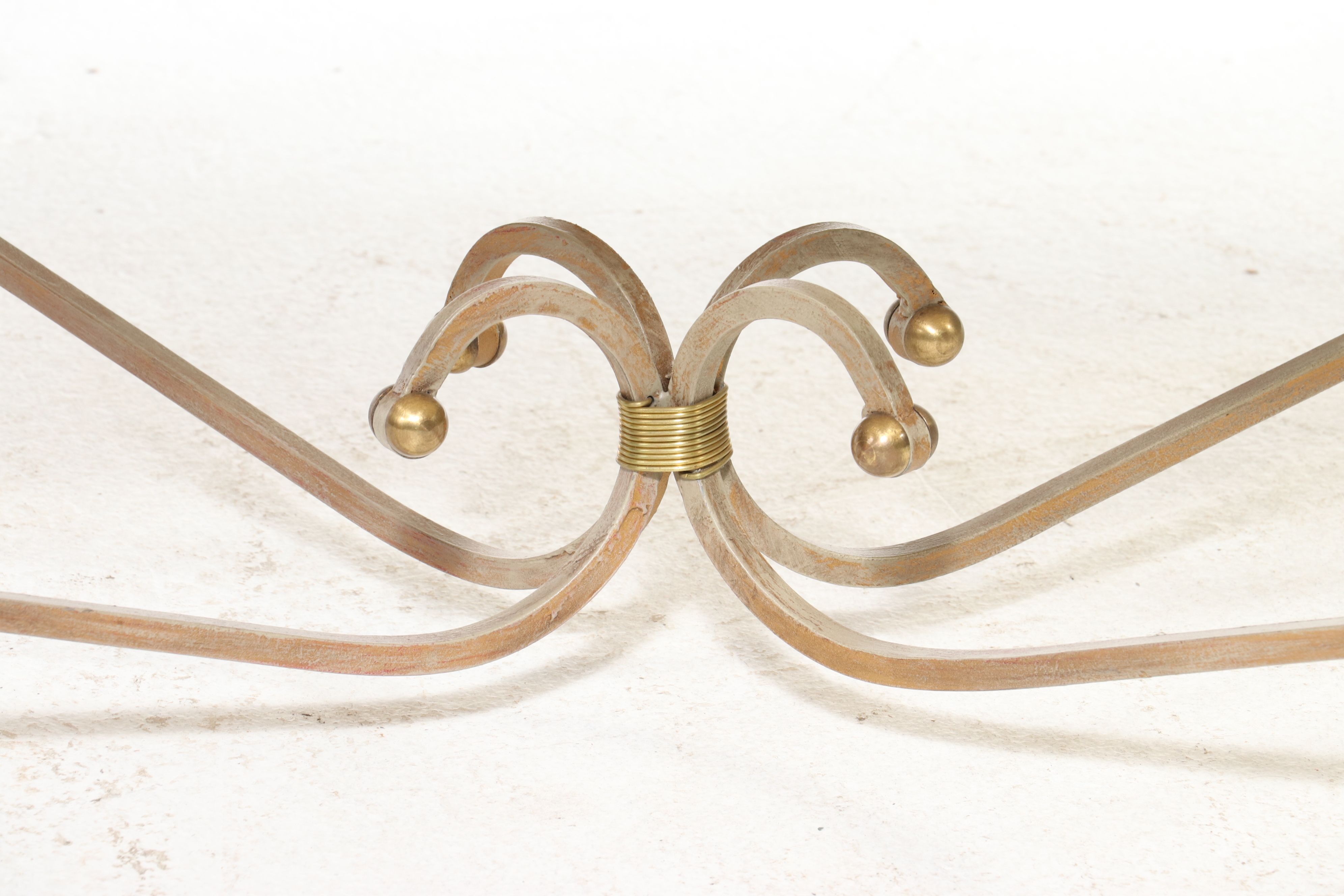 Mediterranean Revival Wrought Iron and Marble-Top Scroll-Base Coffee Table