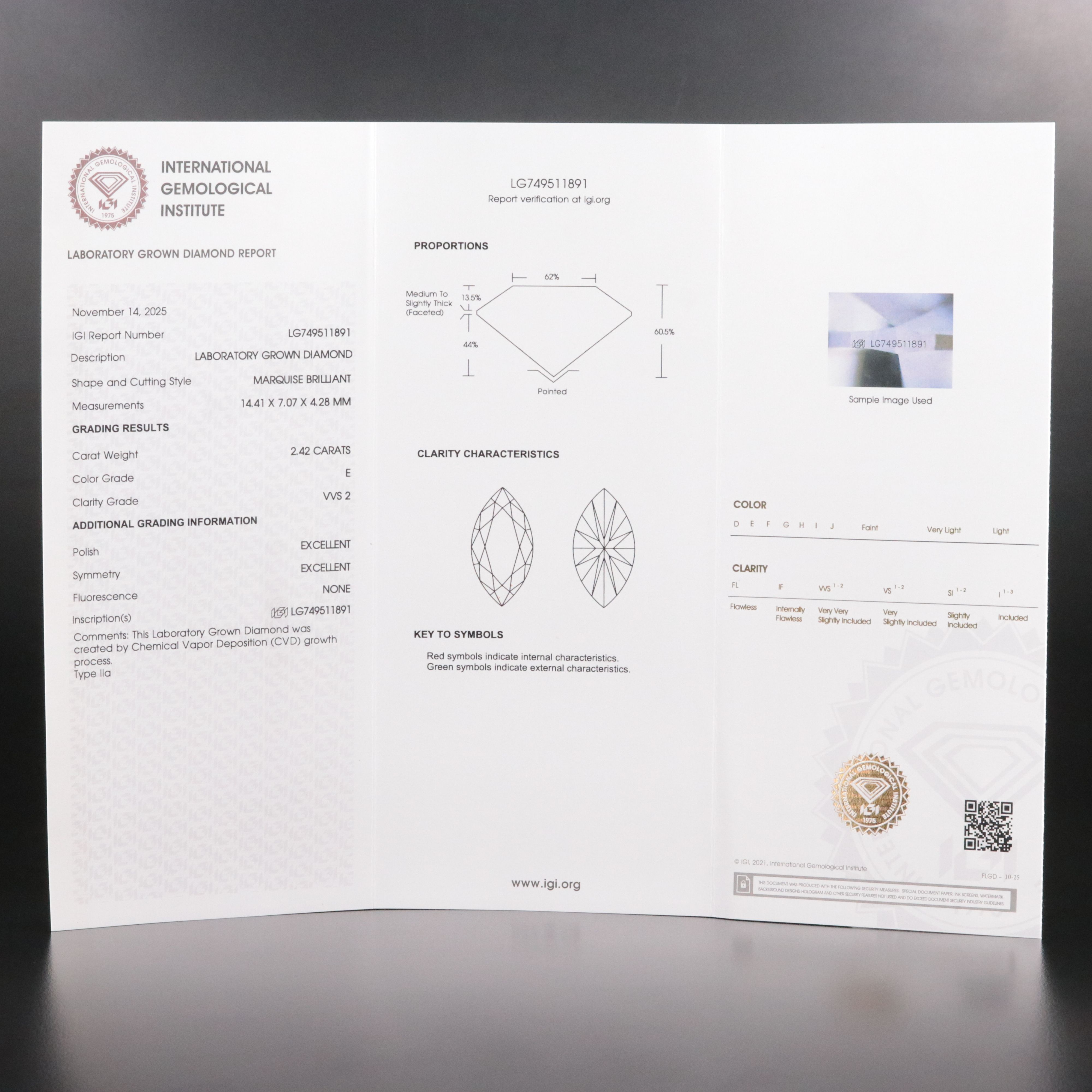 Loose 2.42 CT Lab Grown Diamond with IGI Report