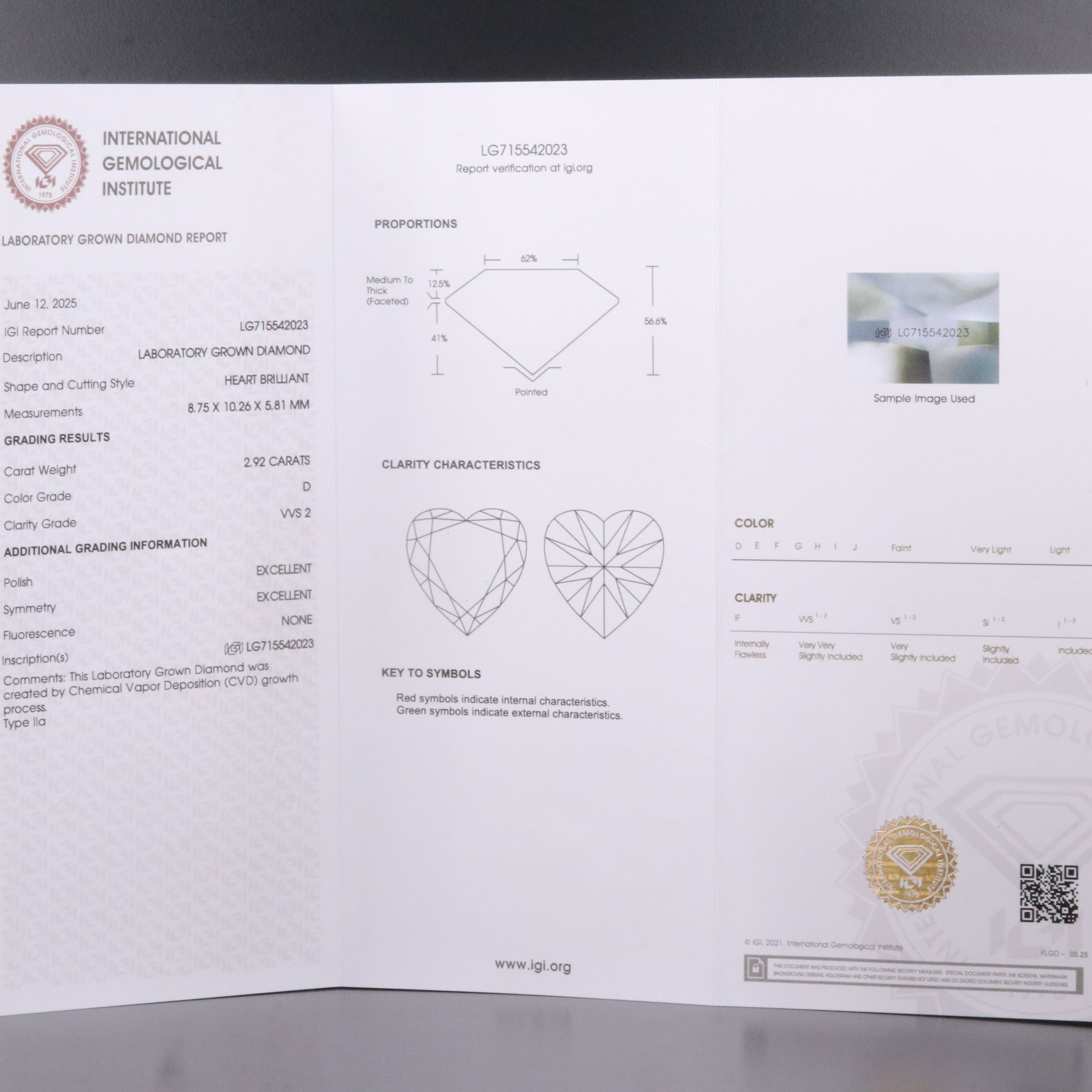 Loose 2.92 CT Lab Grown Diamond with IGI Report